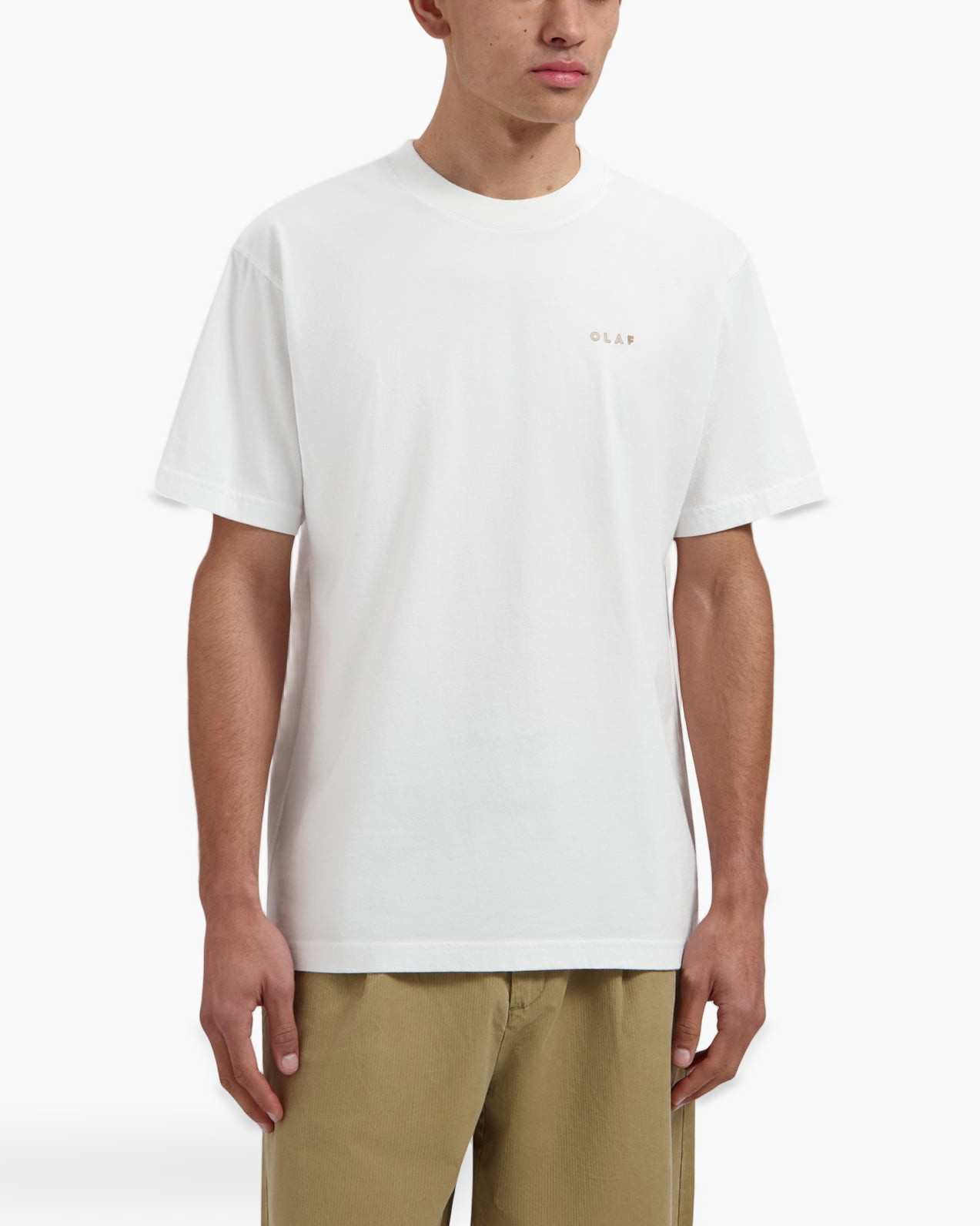 white t-shirt, short sleeve, crew neck, minimal logo, cotton
