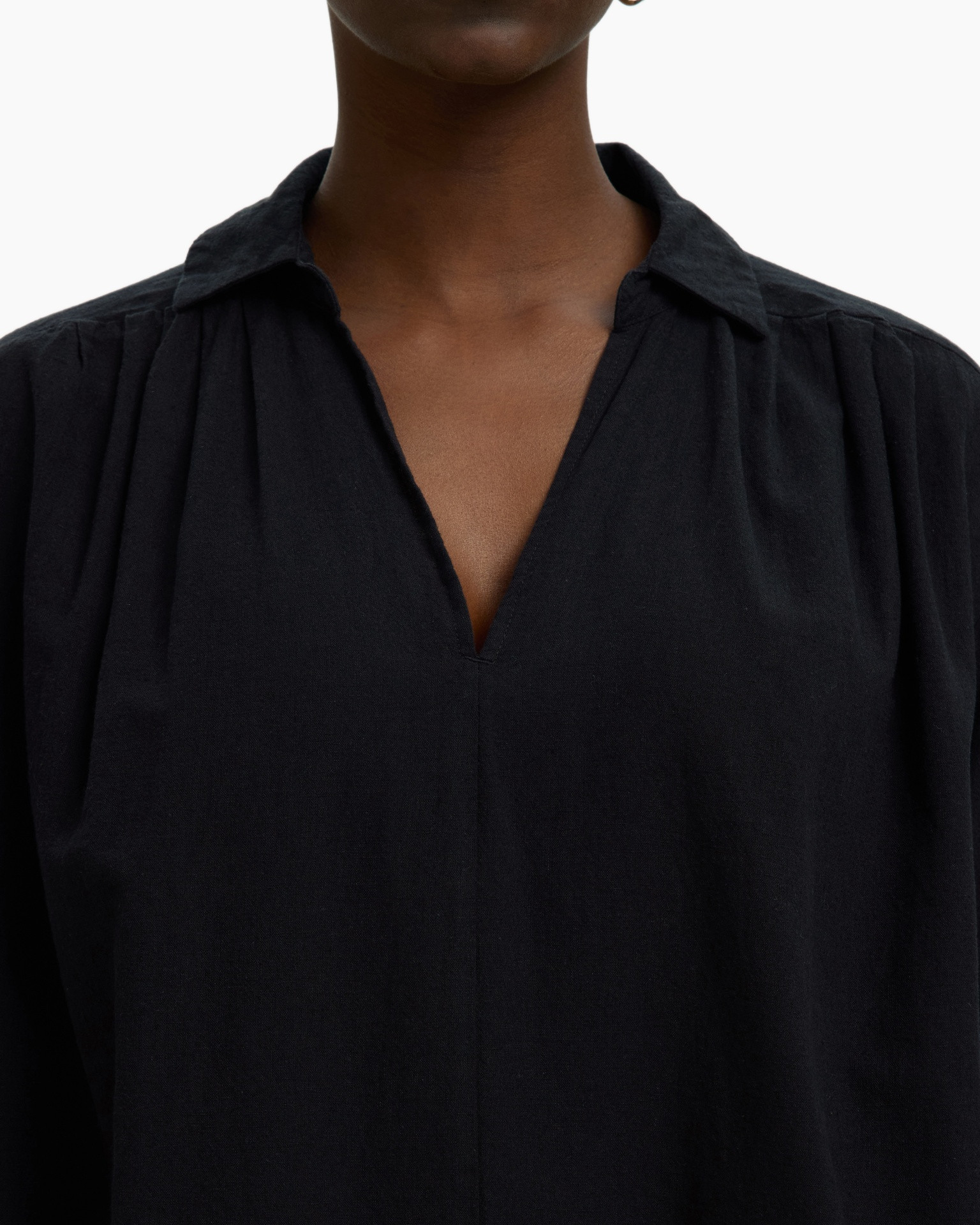 black, shirt, collared, v-neck, long-sleeve