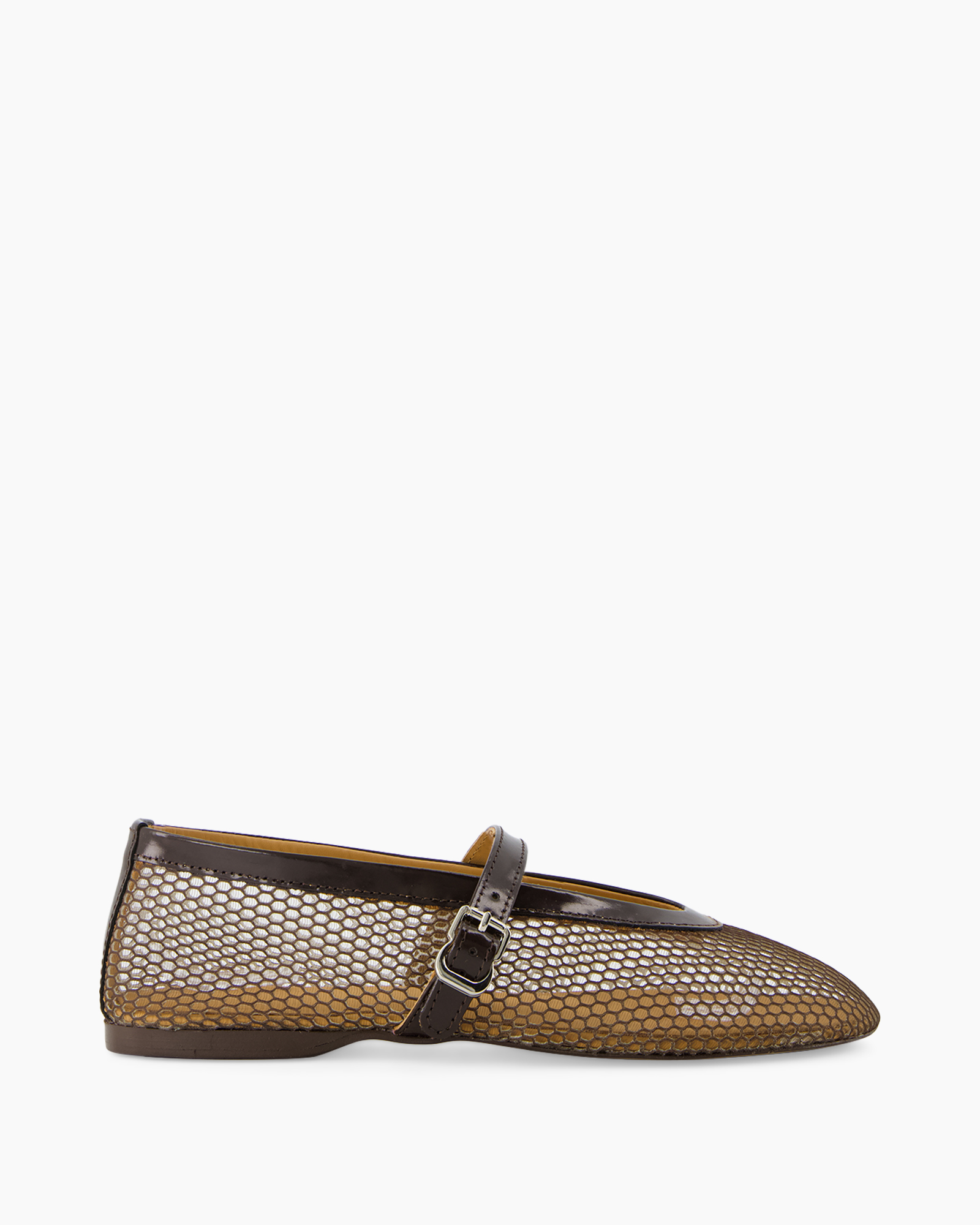 flat shoe, mule, mesh texture, brown, buckle strap