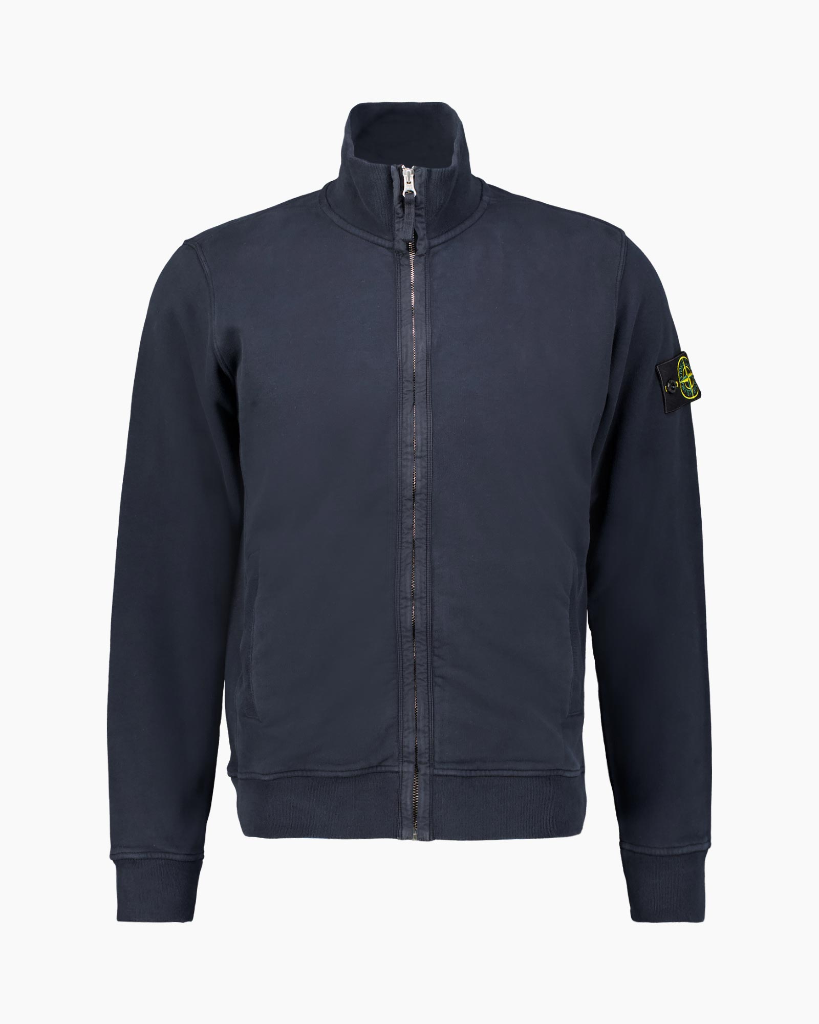 jacket, zipper, navy, crewneck, patch