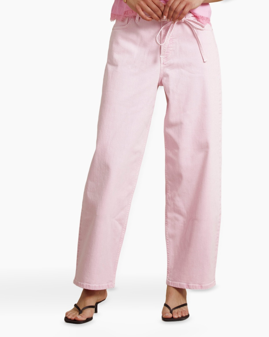 pink pants, wide leg, drawstring, linen? cotton?, lariat lace edge
