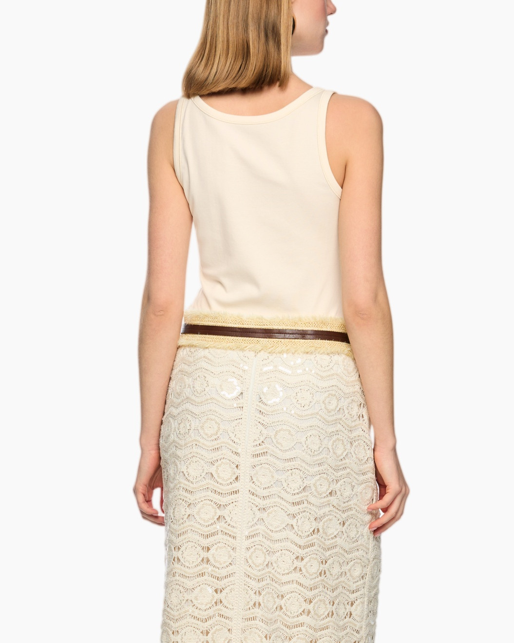 tank top, cream, knit belt, lace skirt, beige