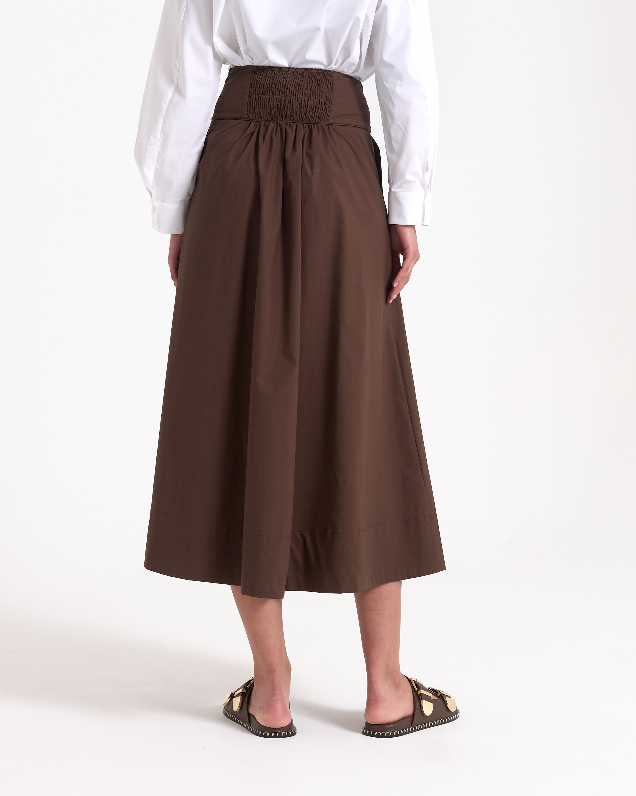 skirt, mid-length, brown, elastic waistband, pleated