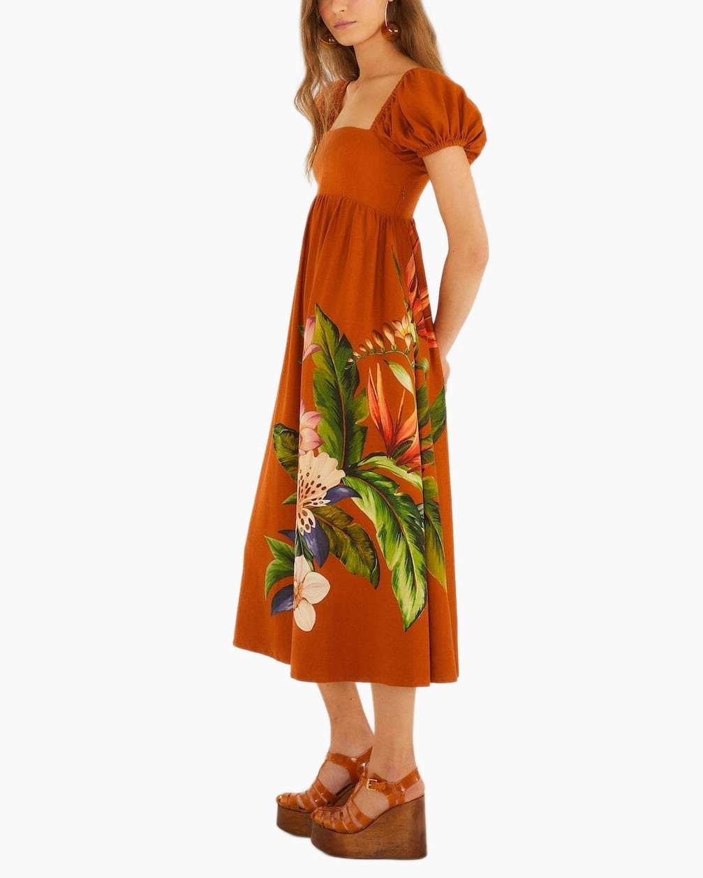 maxi dress, orange dress, floral print, puff sleeve, calf length