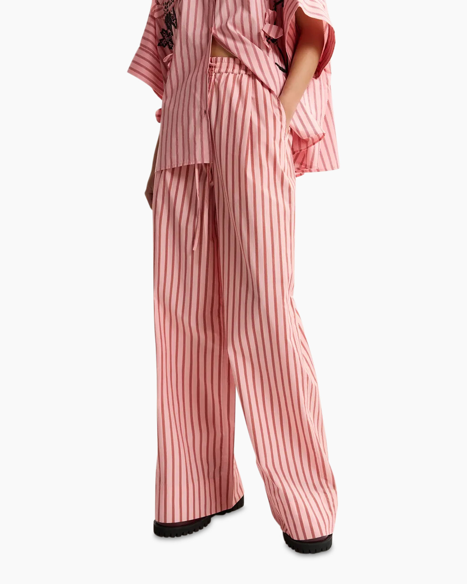 striped, pink, wide-leg, pants, drawstring