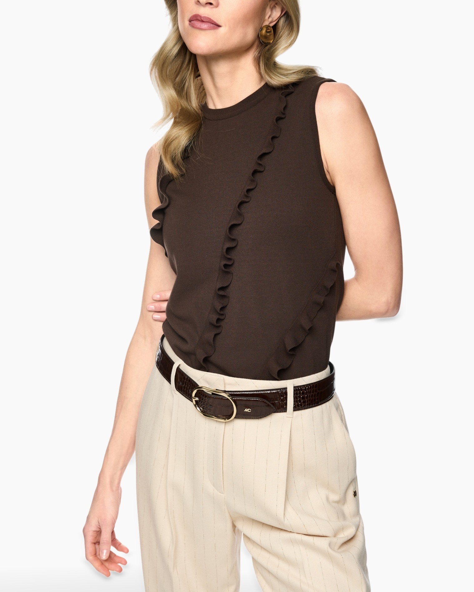 sleeveless top, ruffle trim, brown top, knit fabric, crew neck