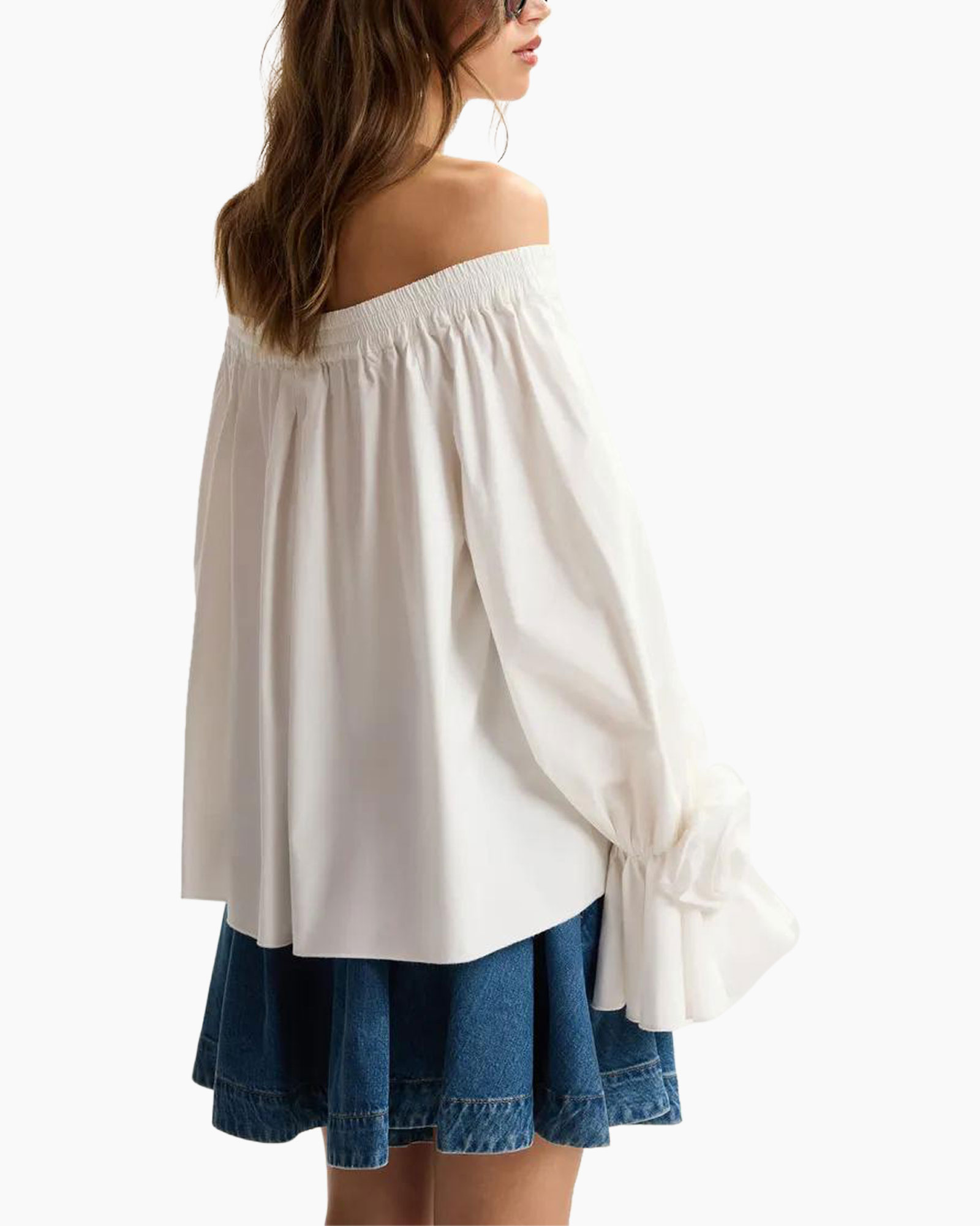 offshoulder, blouse, white, princess-sleeve, denim-skirt