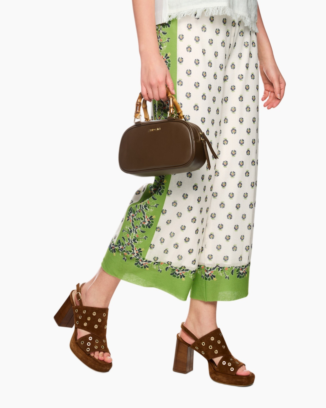ankle-strap sandals, brown sandals, block-heel, wooden heel, handbag