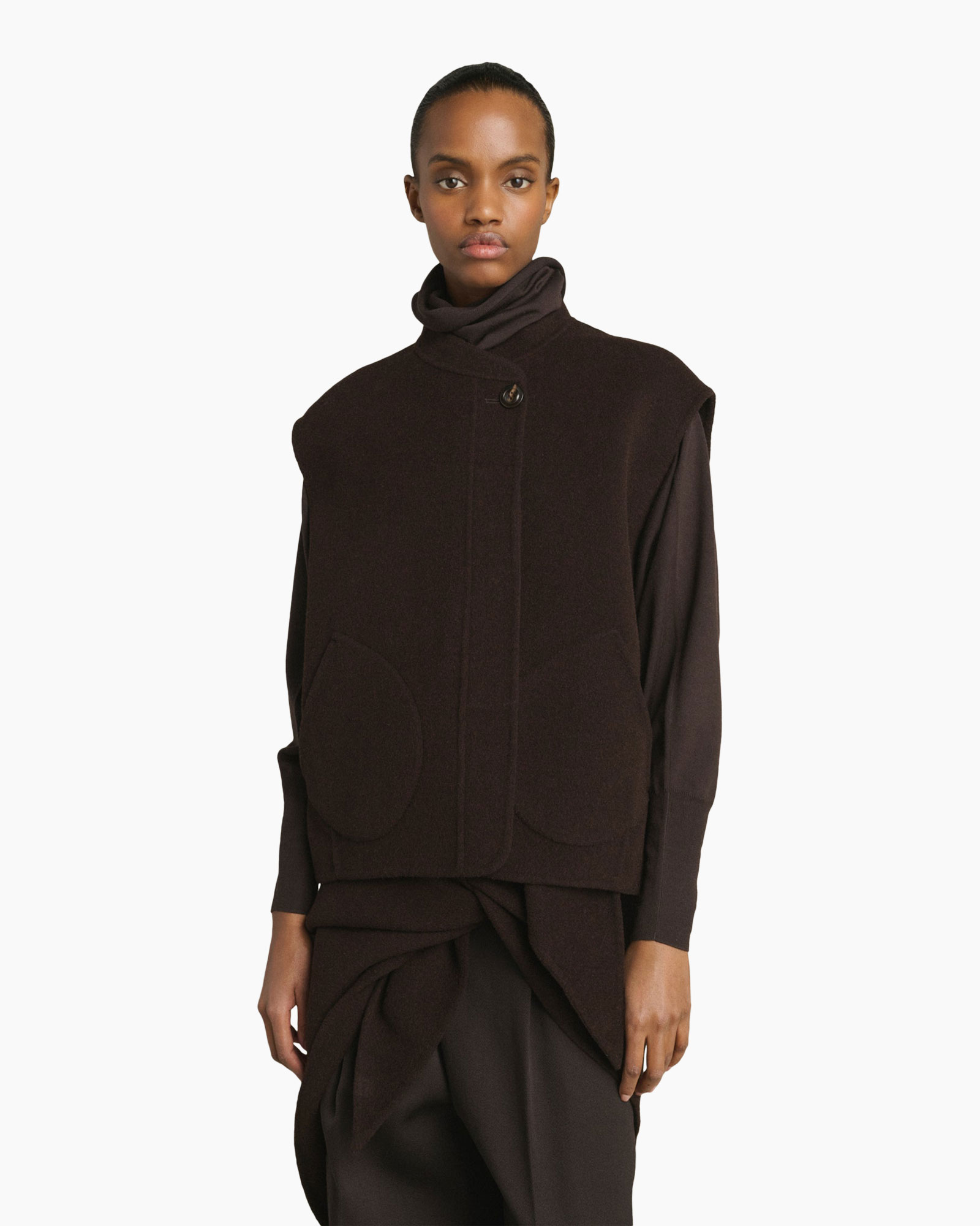 vest, vested jacket, padded vest, high neck, patch pockets