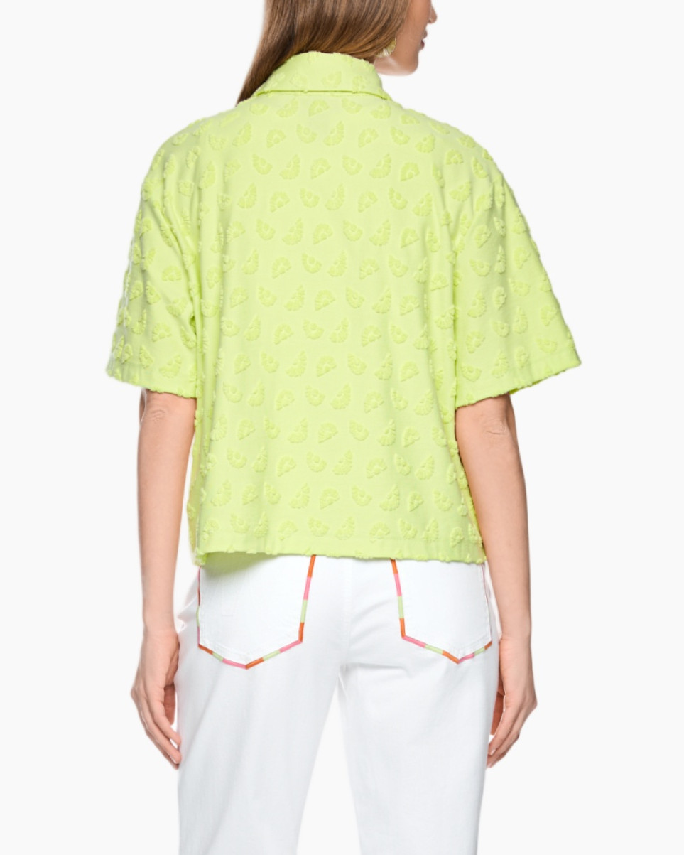 cardigan, short-sleeve, neon lime, textured fabric, button-front