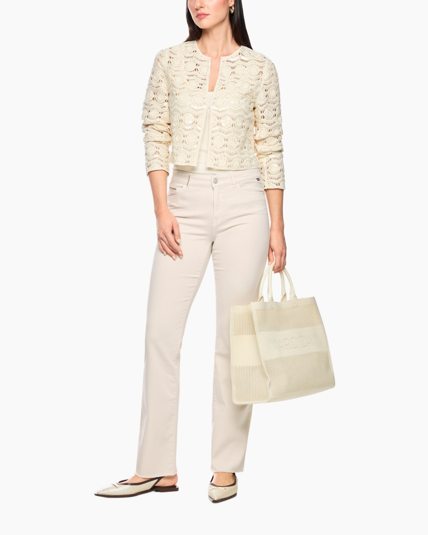 lace cardigan, cream, long pants, tote bag, ballet flats