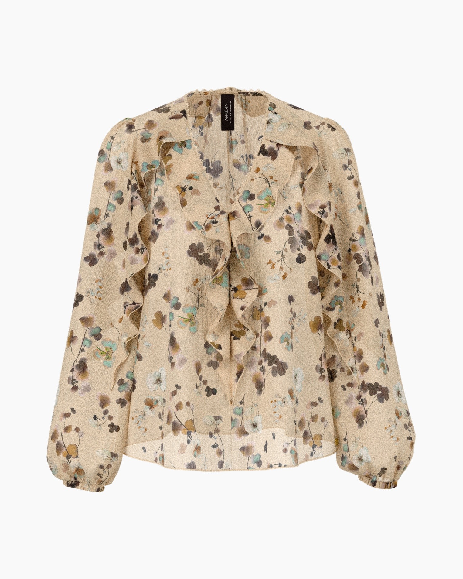 blouse, flower print, ruffle, beige, long sleeve