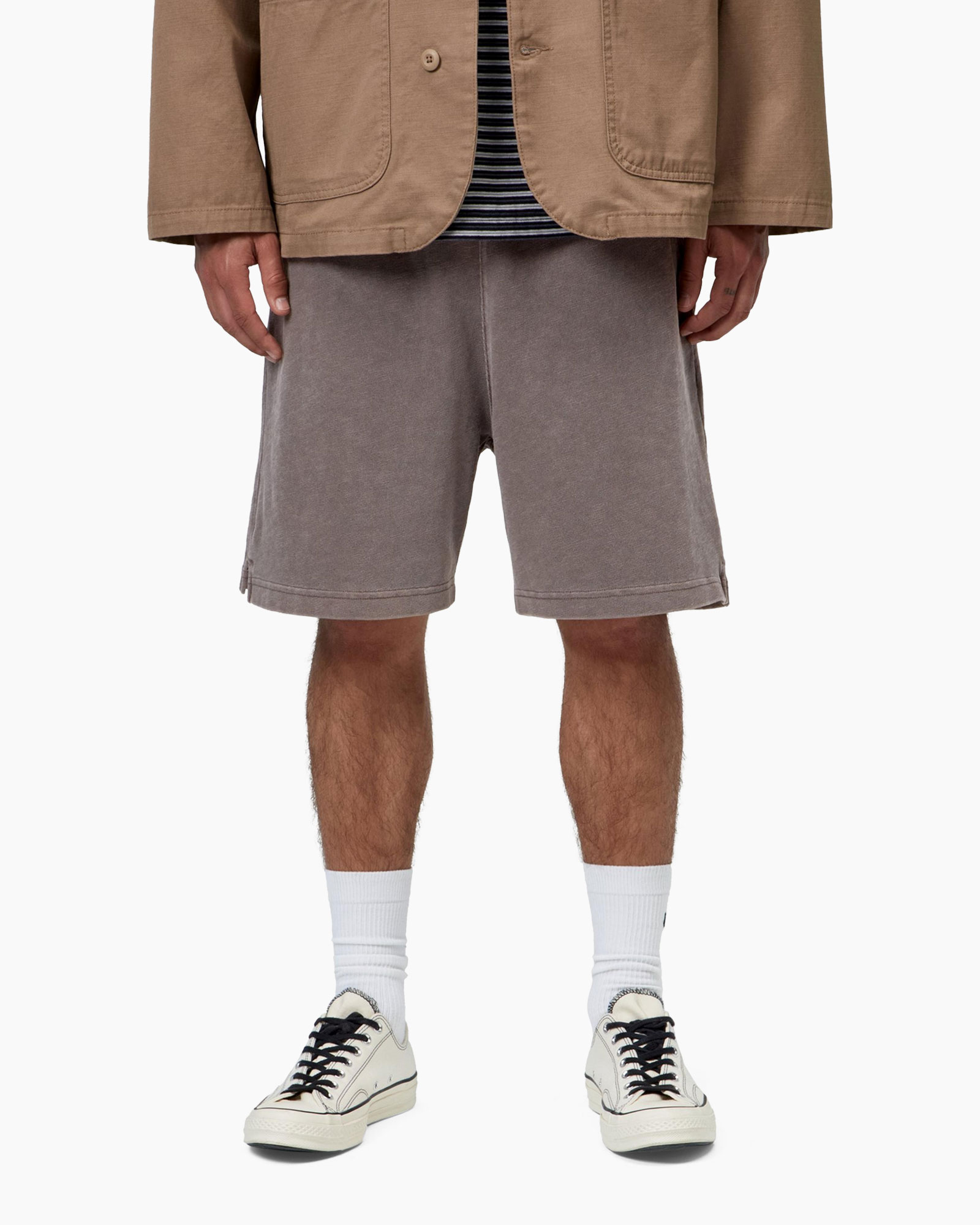 shorts, gray, knee-length, linen?, casual