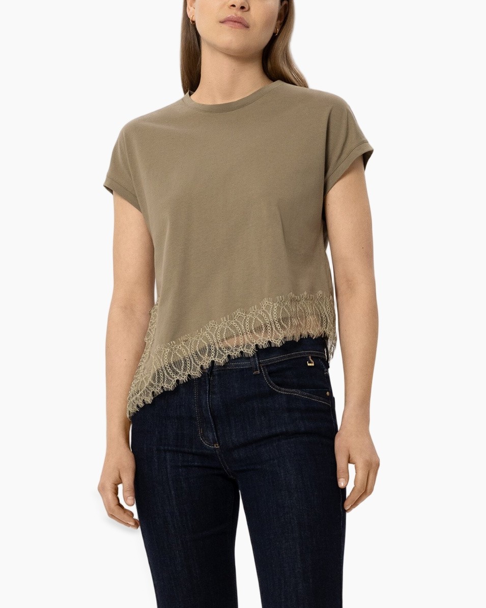 t-shirt, lace trim, short sleeves, beige, casual top