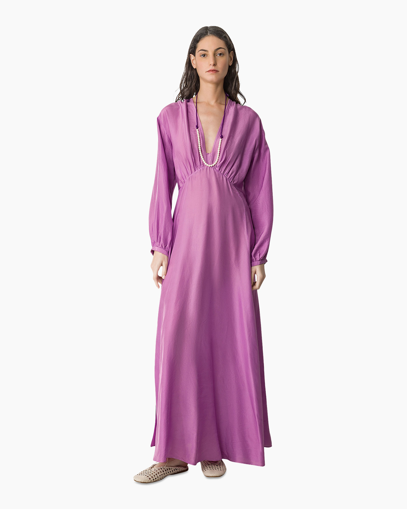 maxi dress, purple dress, long sleeve, V-neck, pearl necklace