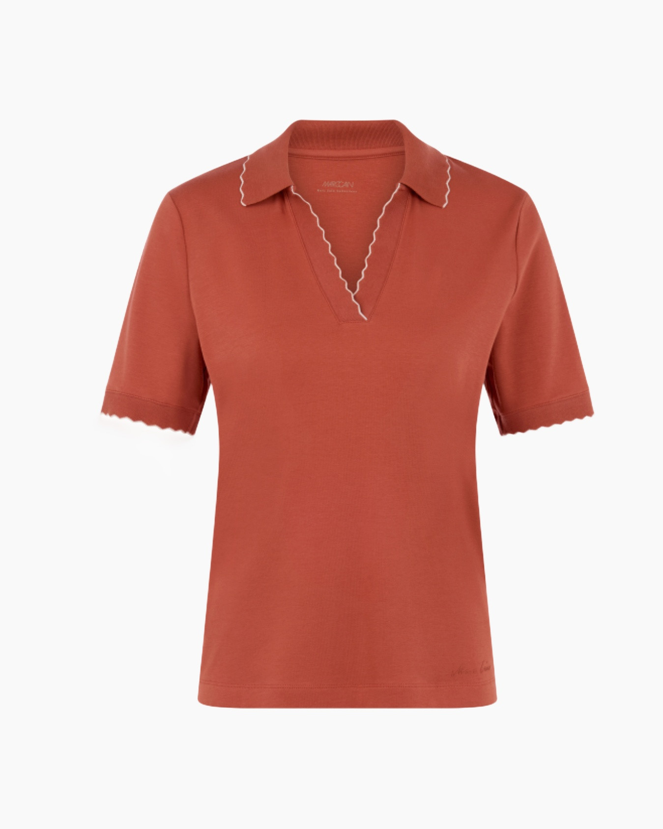 polo shirt, short sleeve, collared, solid color, rust red