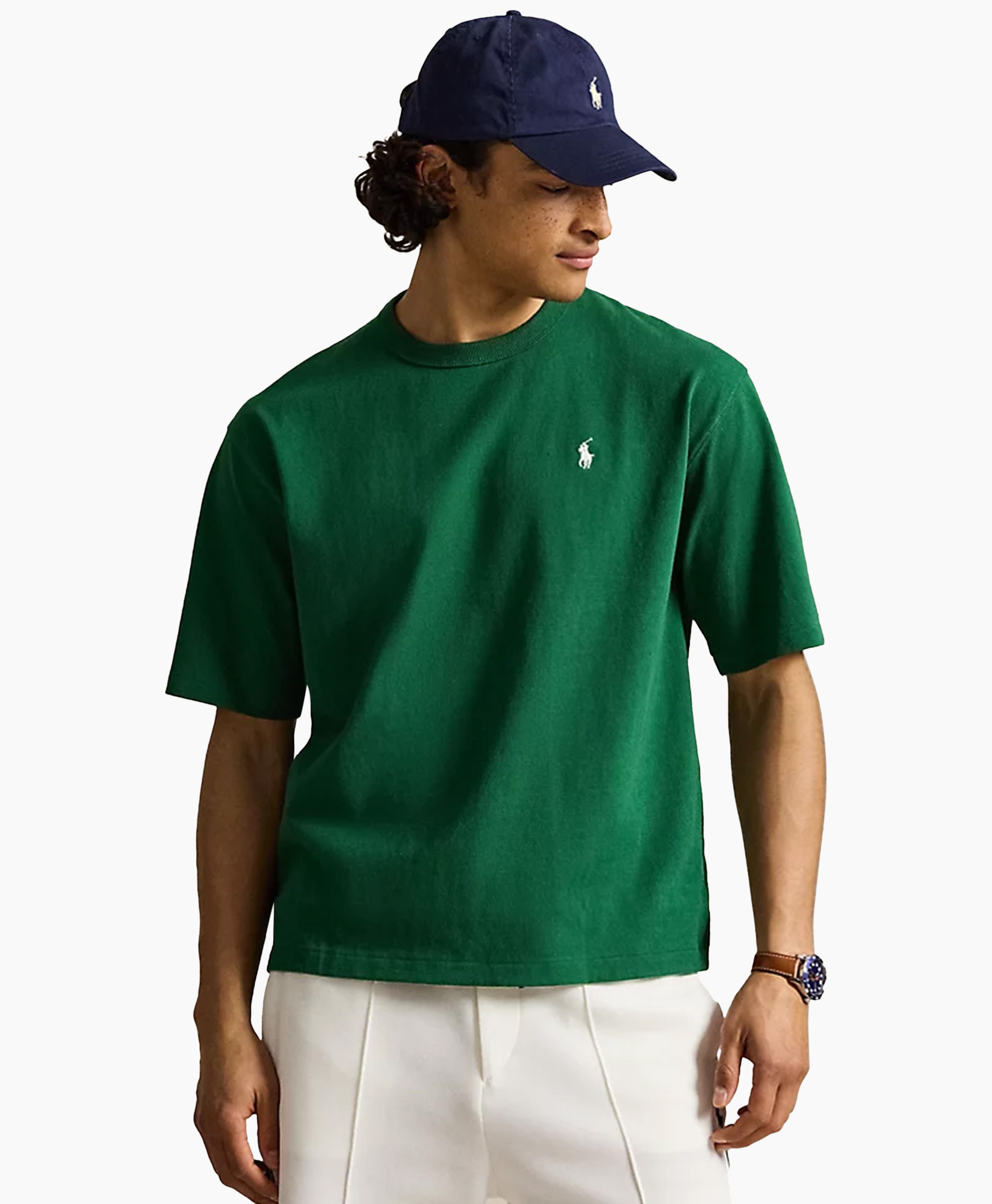 green t-shirt, short sleeve, crew neck, logo small, casual wear