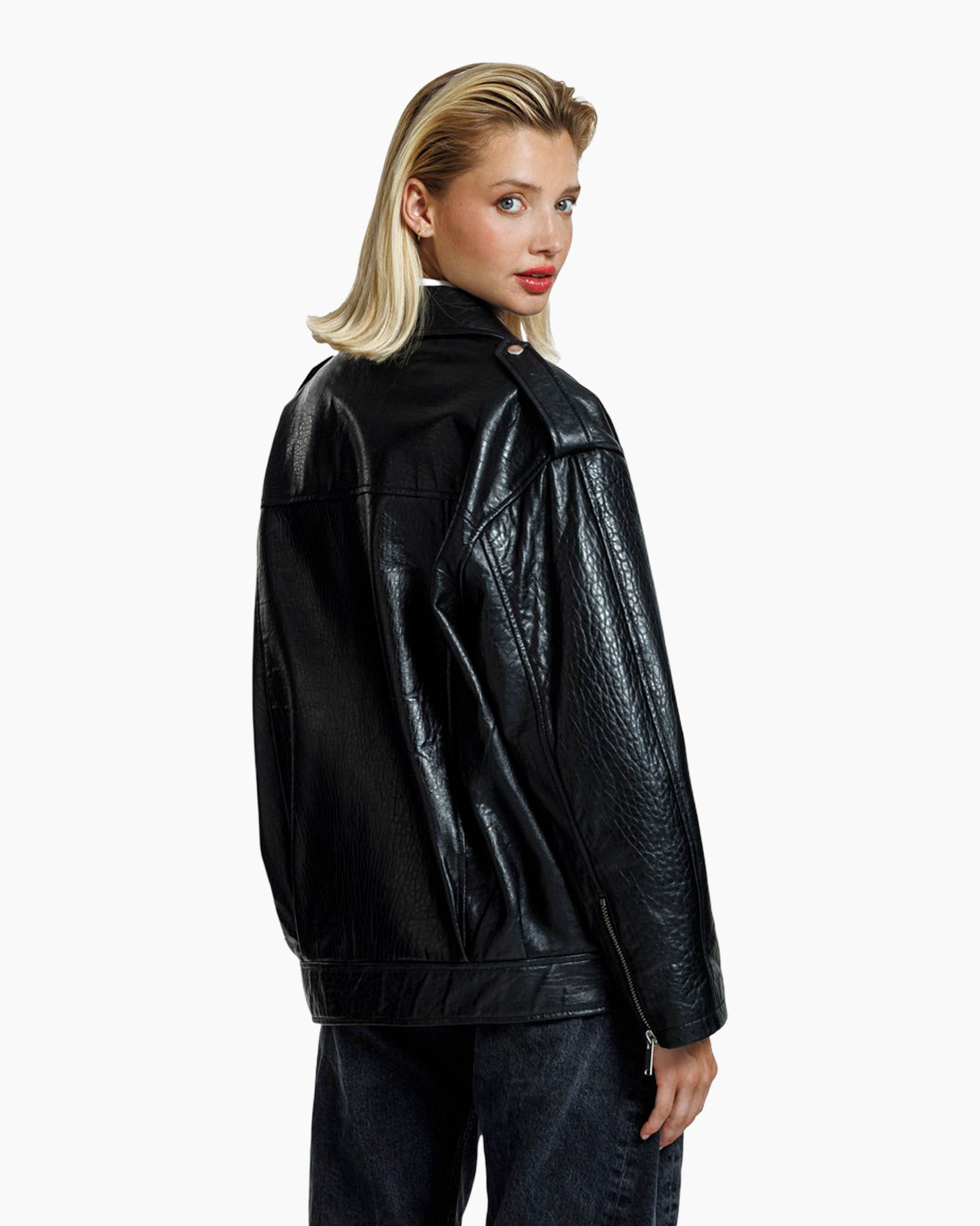 leather jacket, biker jacket, zipper, silver hardware, black