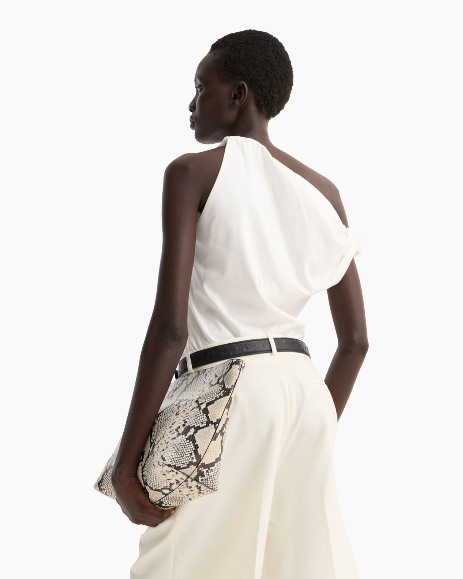 top, one-shoulder, white, pants, clutch