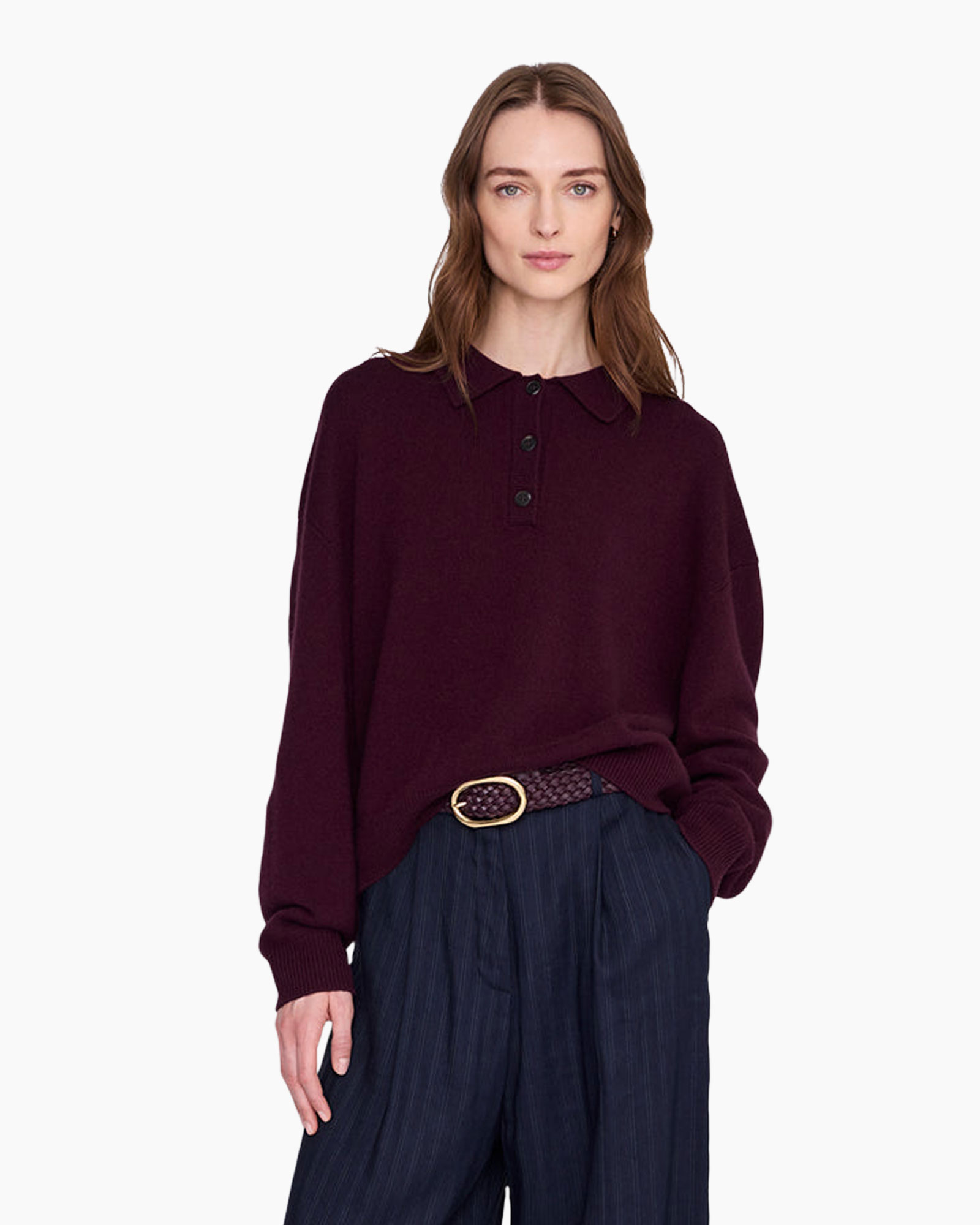 pullover, burgundy, collared, long-sleeve, knitwear