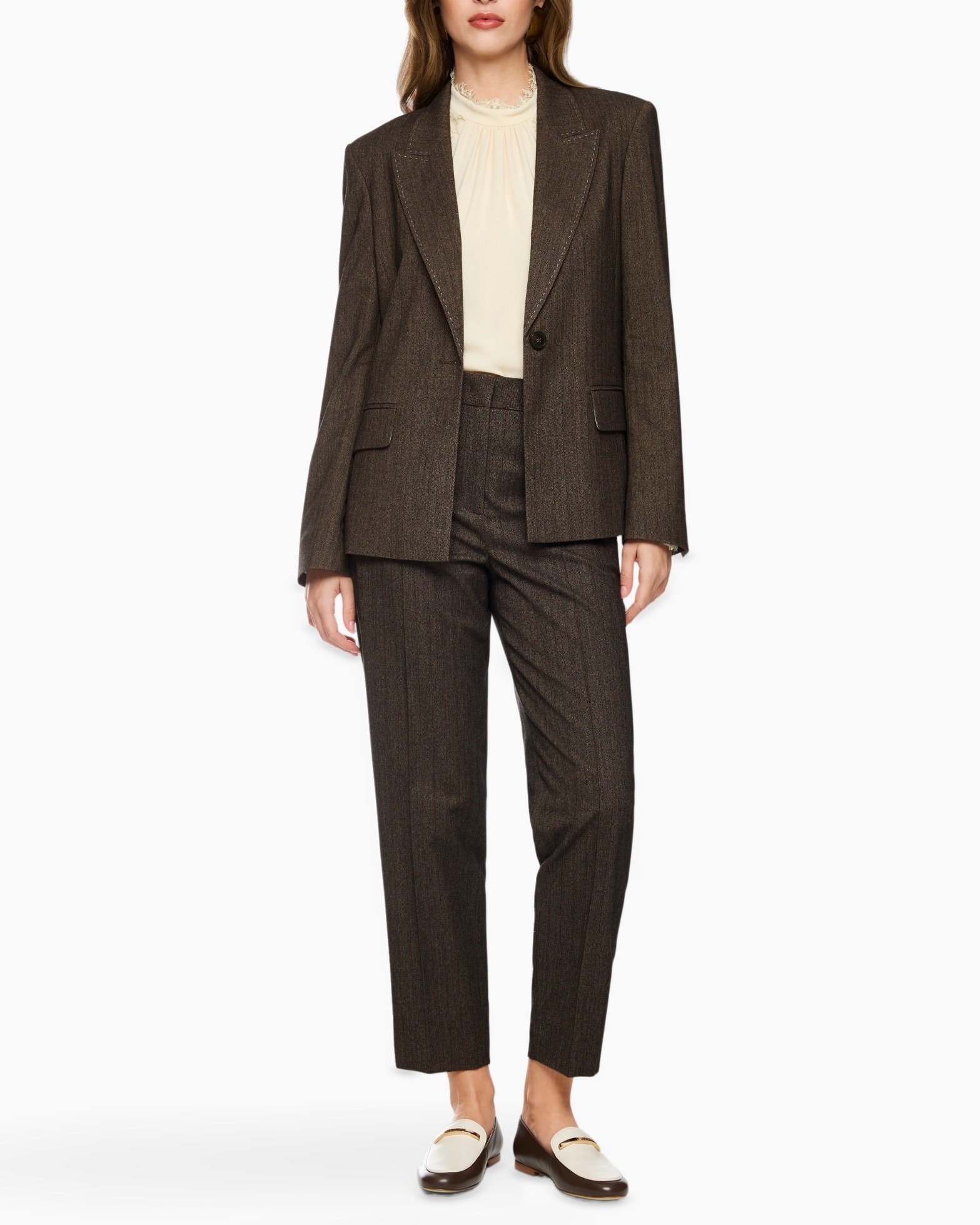 blazer, pantsuit, women's suit, brown tweed, polyester blend