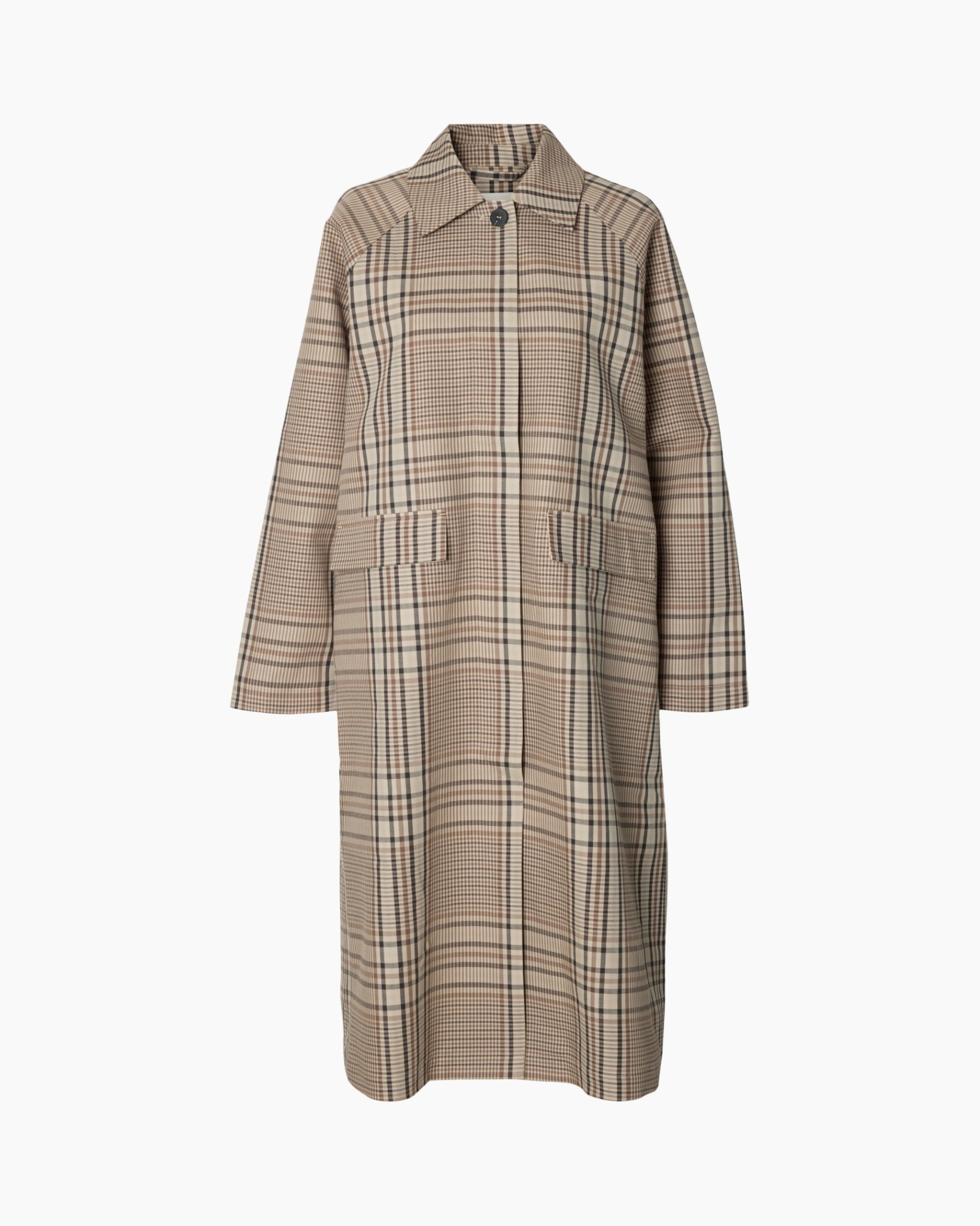 coat, trench, plaid, mid-length, pockets