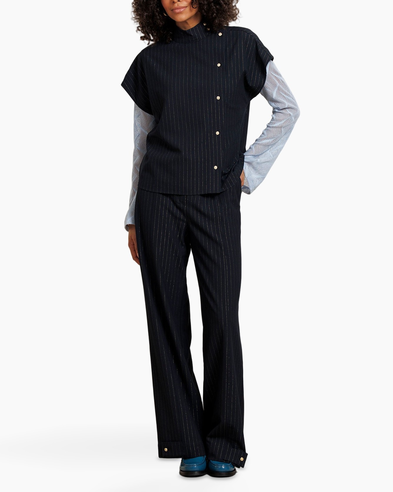 pinstriped, two-tone, pants, jacket, top