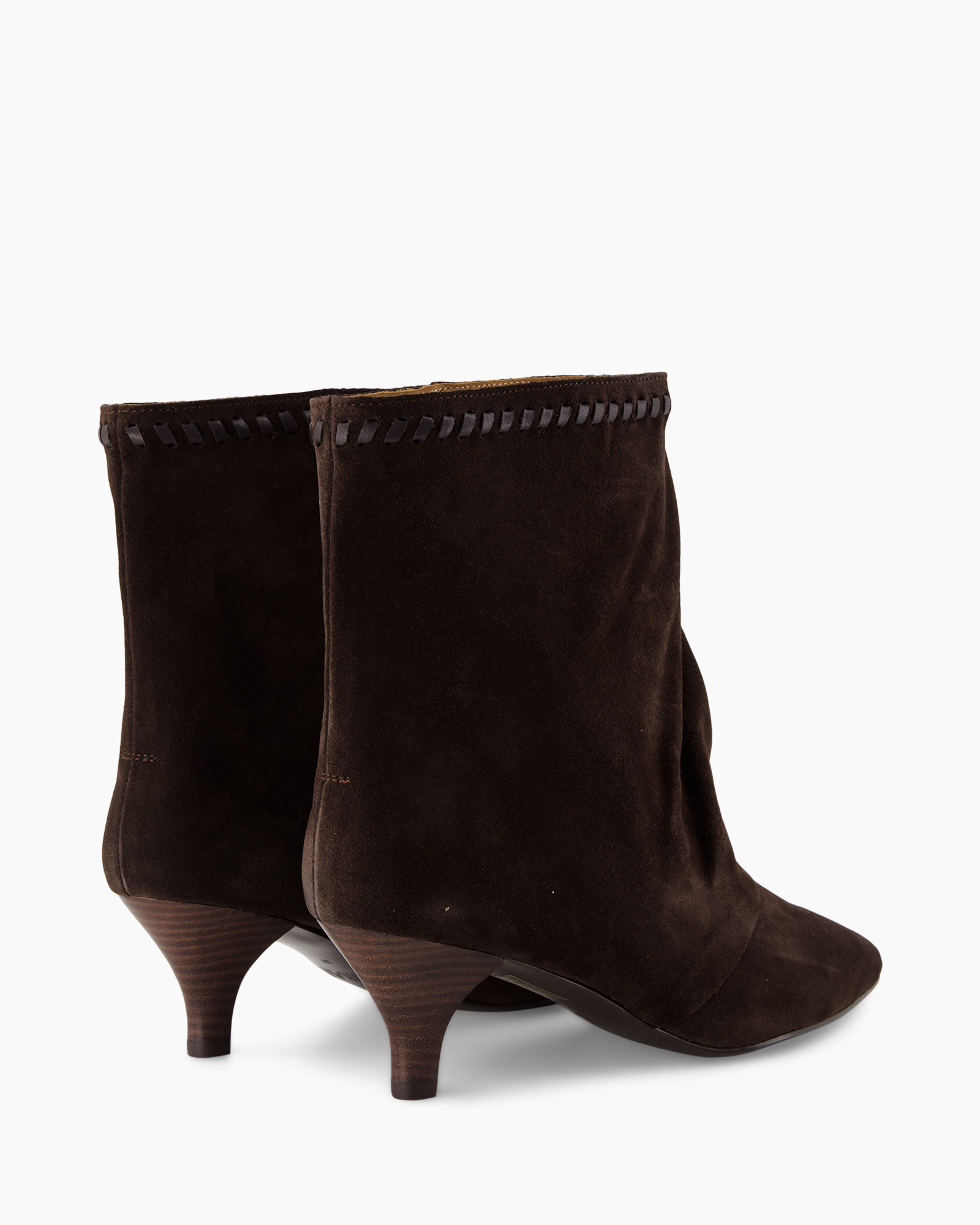 ankle boots, brown suede, mid heel, stitch detail, pair of boots