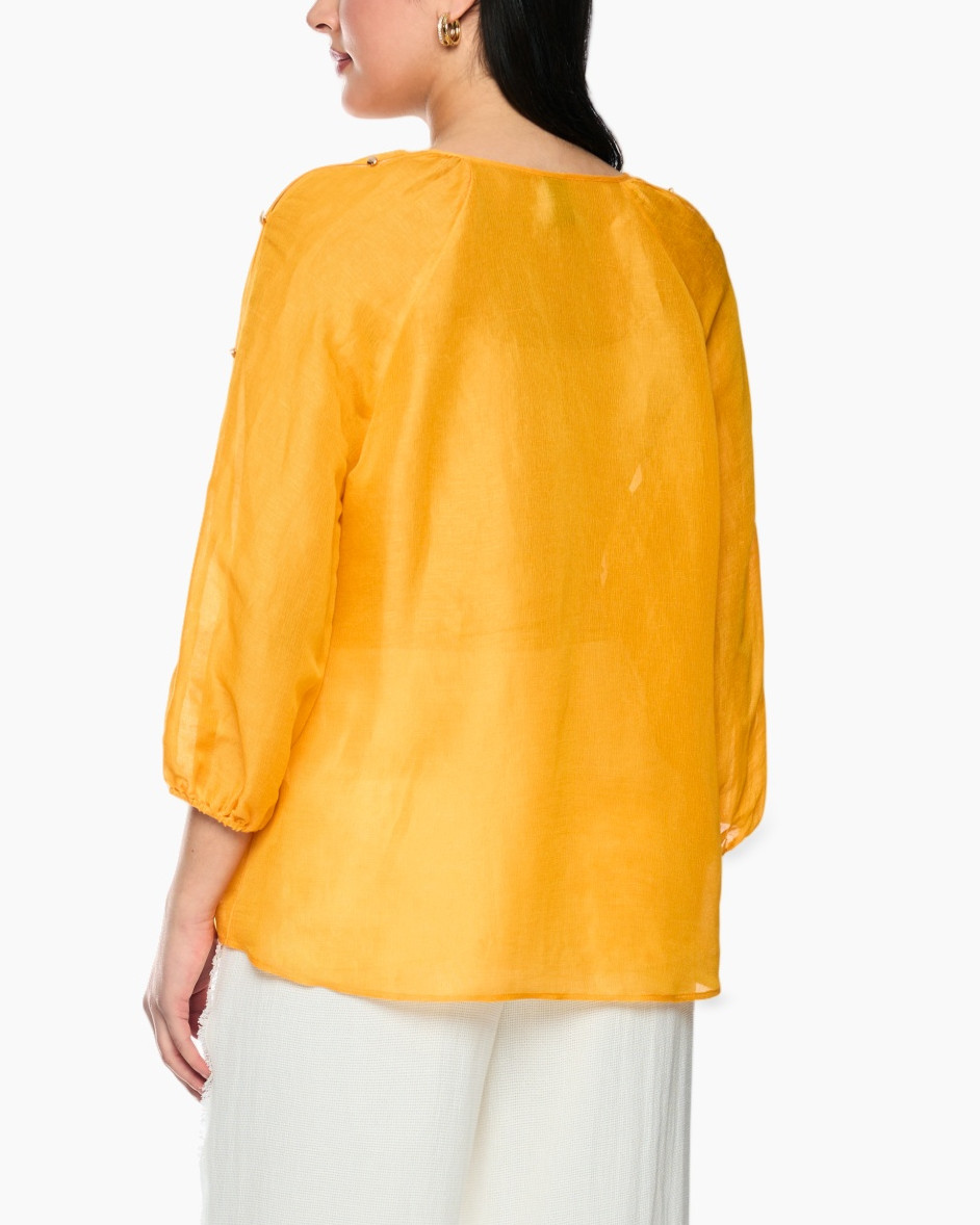 orange, blouse, longsleeve, tie-neck, button-details