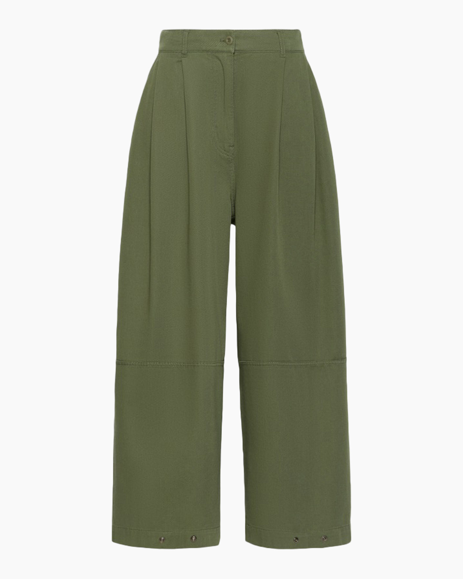 trousers, green, wide-leg, cargo-inspired, buttoned hem