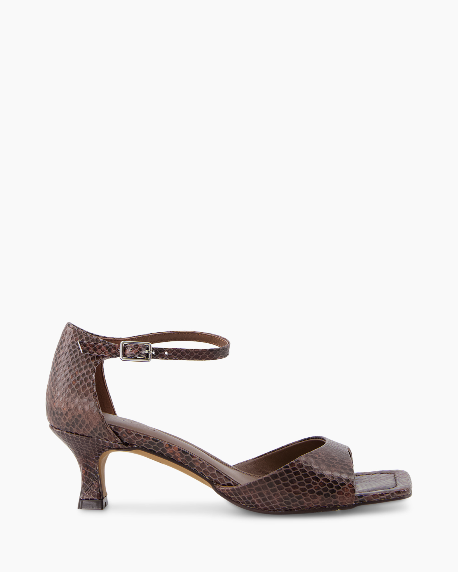 women's shoe, strappy sandal, ankle strap, heel, brown snakeskin
