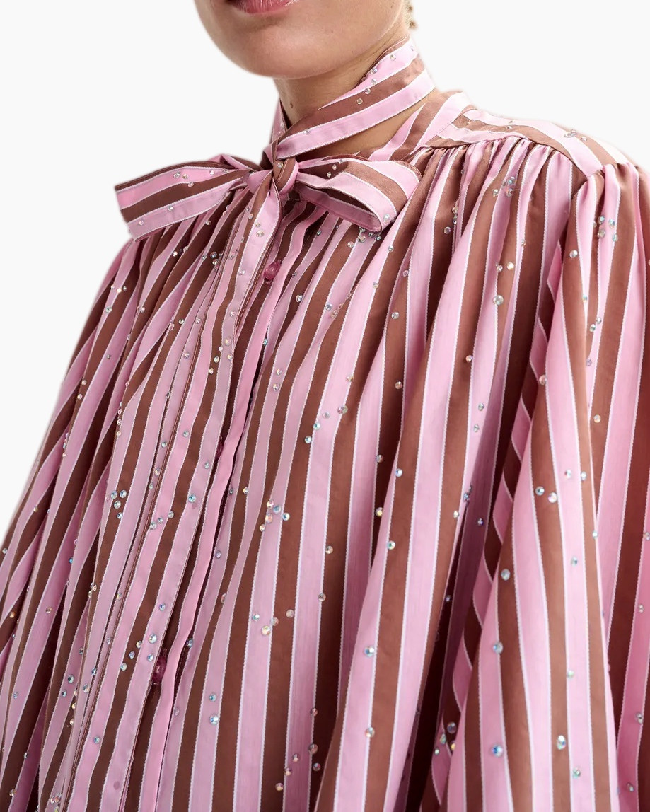 blouse, pink, ruched, ribbon, polka-dotted? no dots only sequins, striped, bow, neck-tie