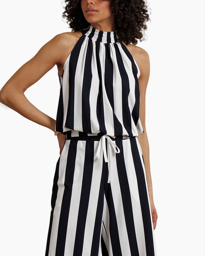 striped top,  halter neck,  sleeveless,  wide stripe,  jumpsuit set