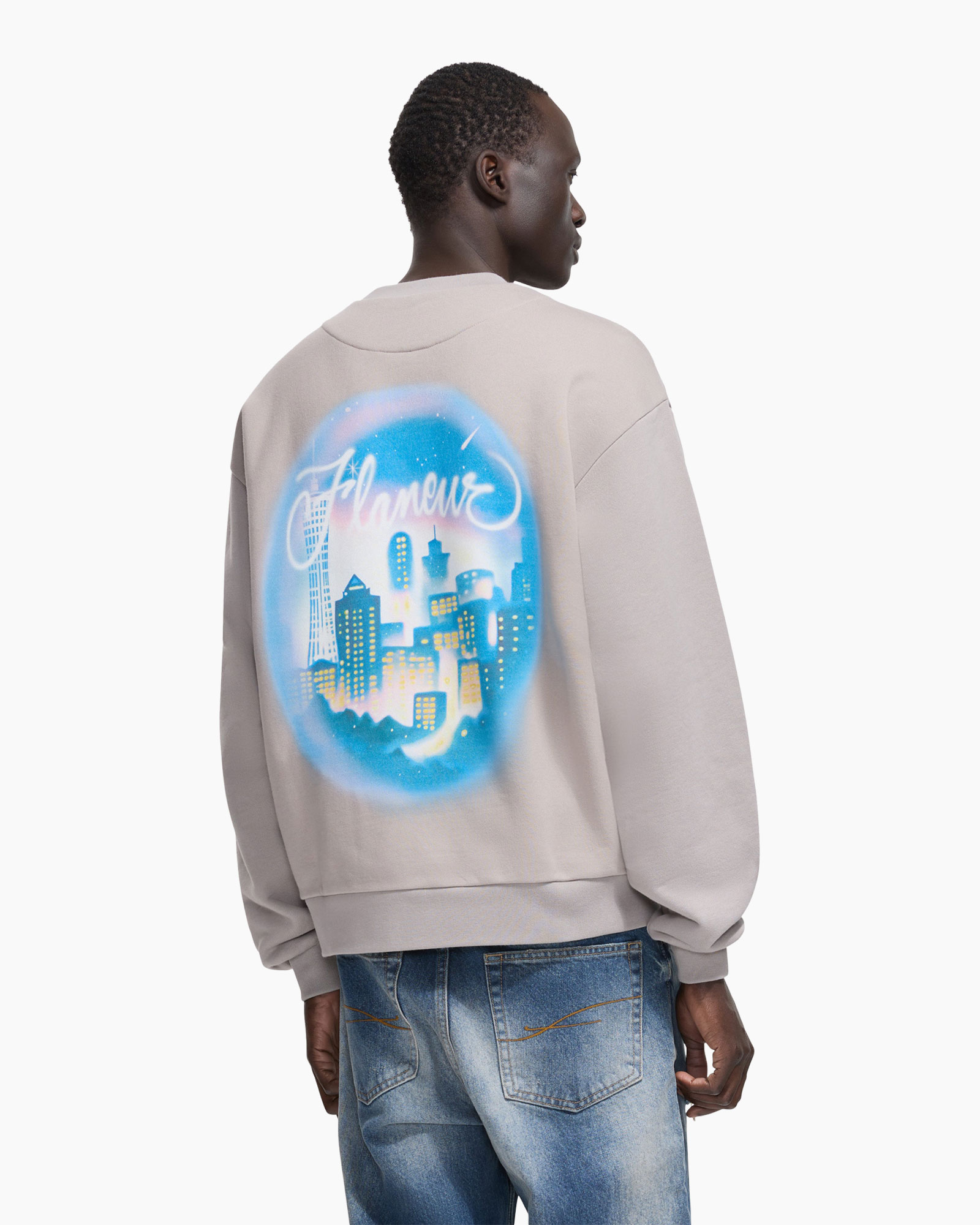 sweatshirt, back graphic, cityscape, blue mural, beige