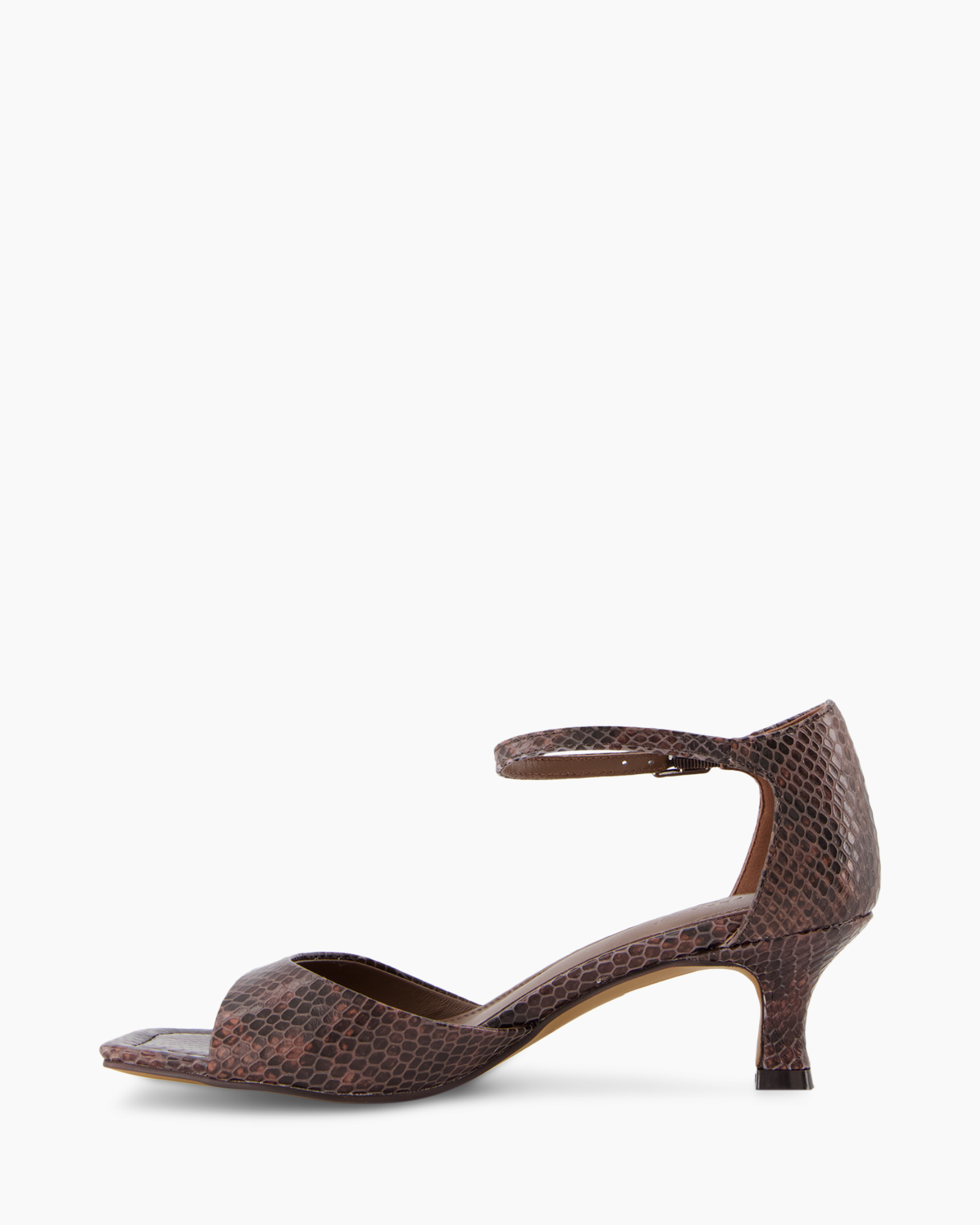 women's shoe, strappy sandal, ankle strap, heel, brown snakeskin