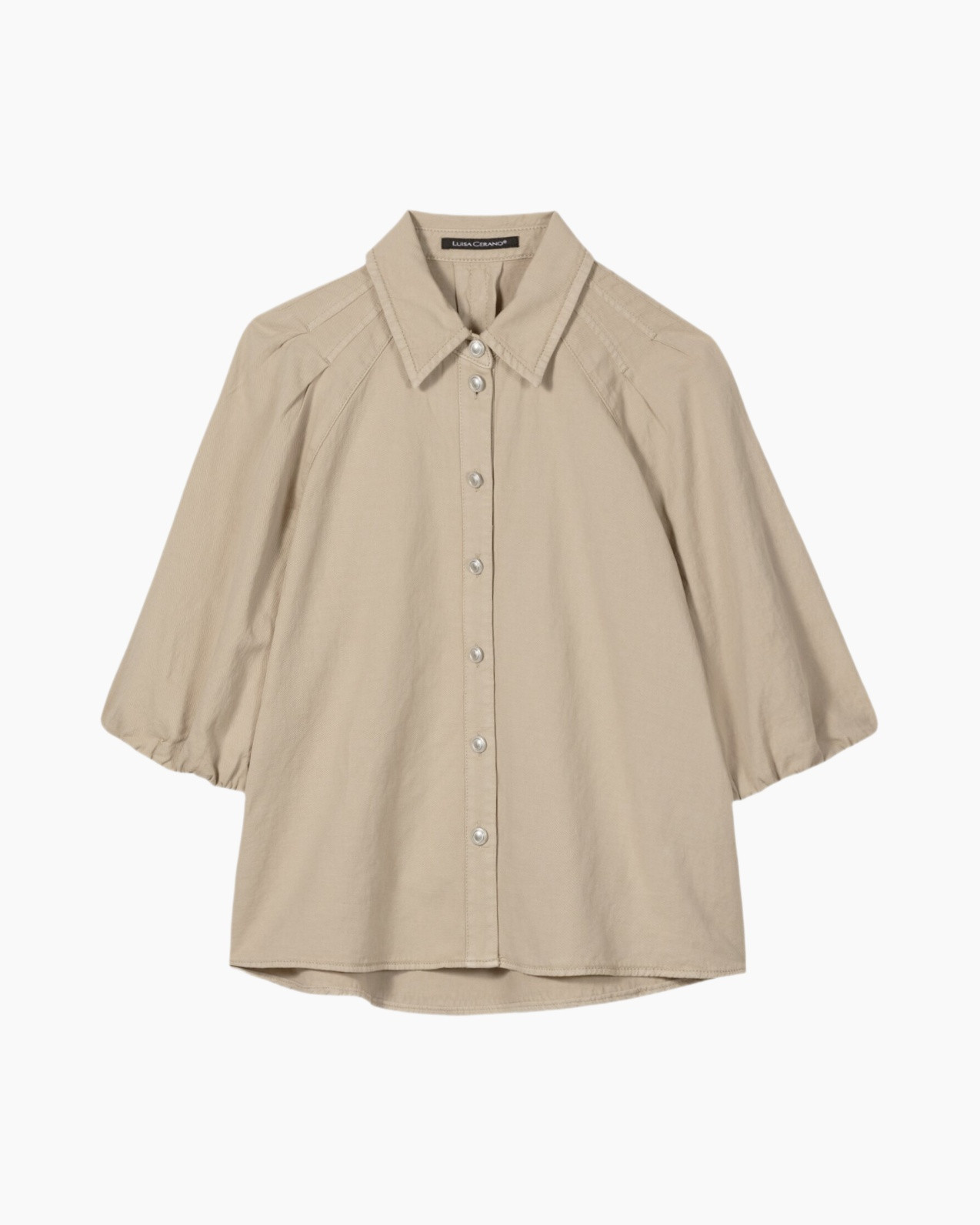 button-down, beige, collar, puff-sleeve, top