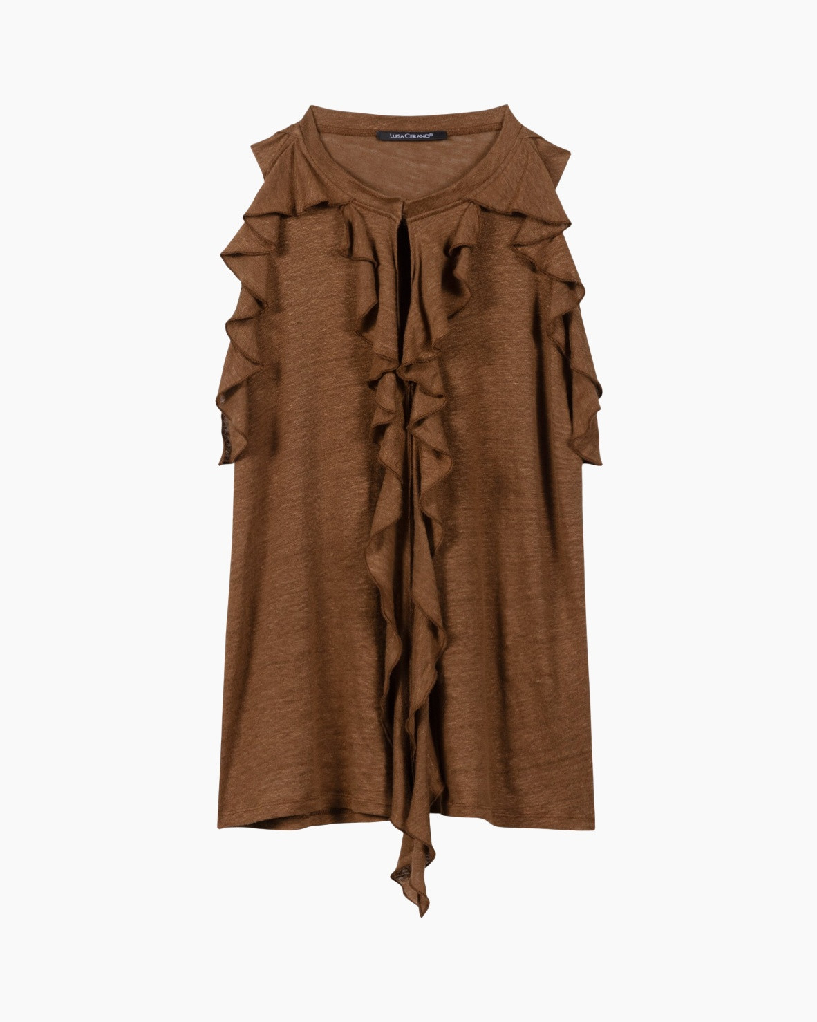 top, tunic, brown, ruffles, open-shoulder