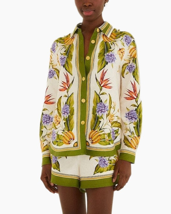 floral shirt, long sleeve, button-down, green accents, printed pattern