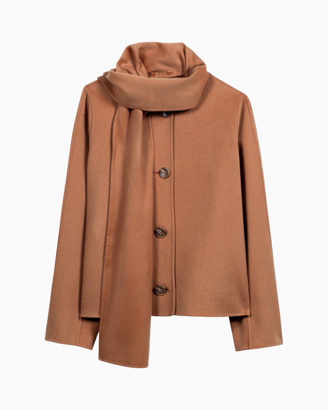 coat, scarf, buttons, camel, long-sleeve