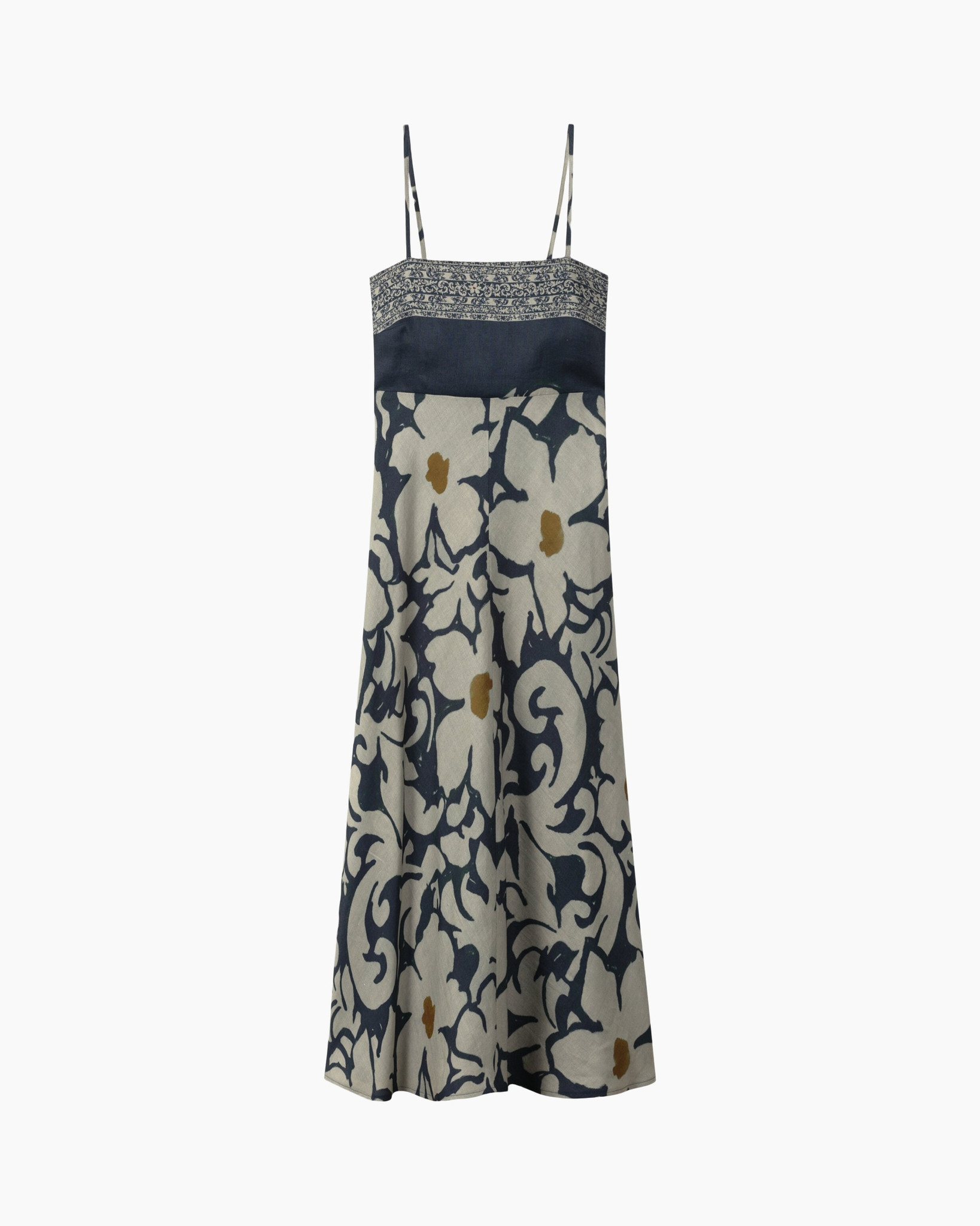maxi dress, spaghetti straps, floral pattern, navy blue, beige, calico pattern