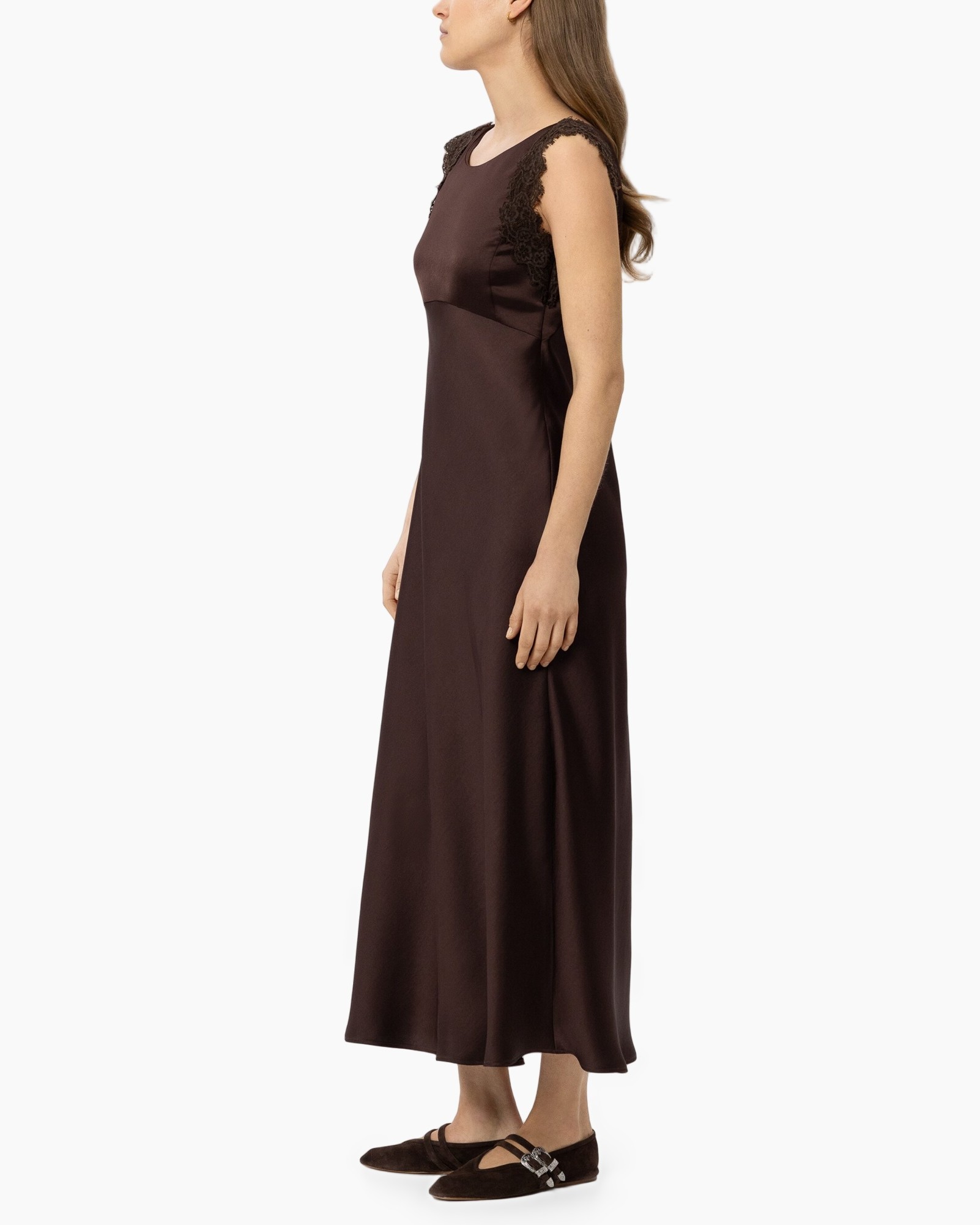 evening dress, ankle-length, satin, lace straps, brown