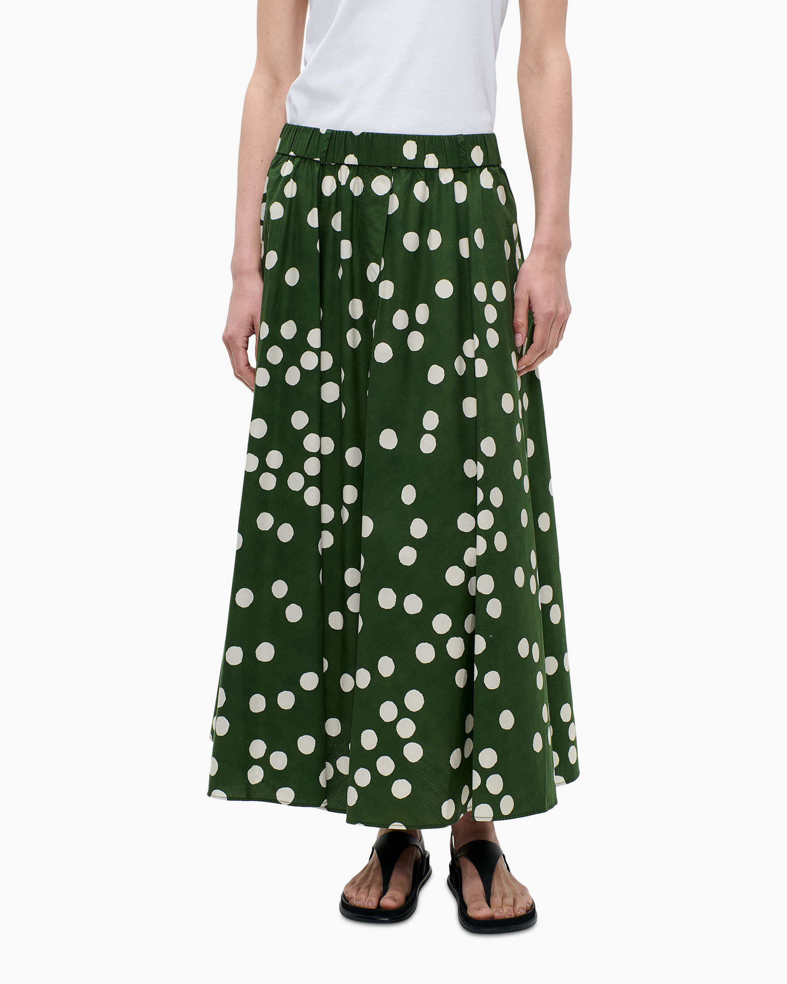 maxi skirt, green, polka dot, elastic waist, ankle length