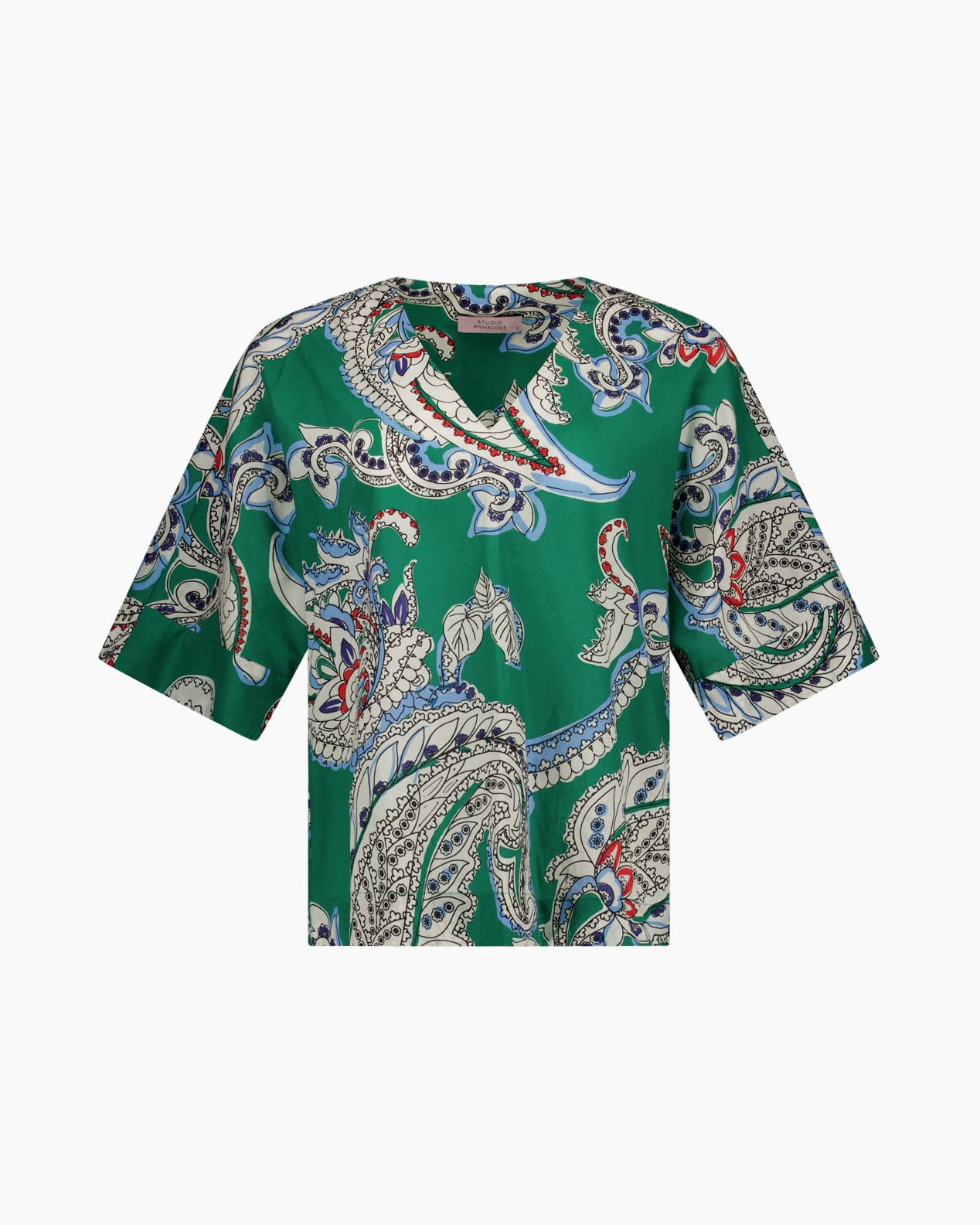 green, paisley, blouse, short-sleeve, print