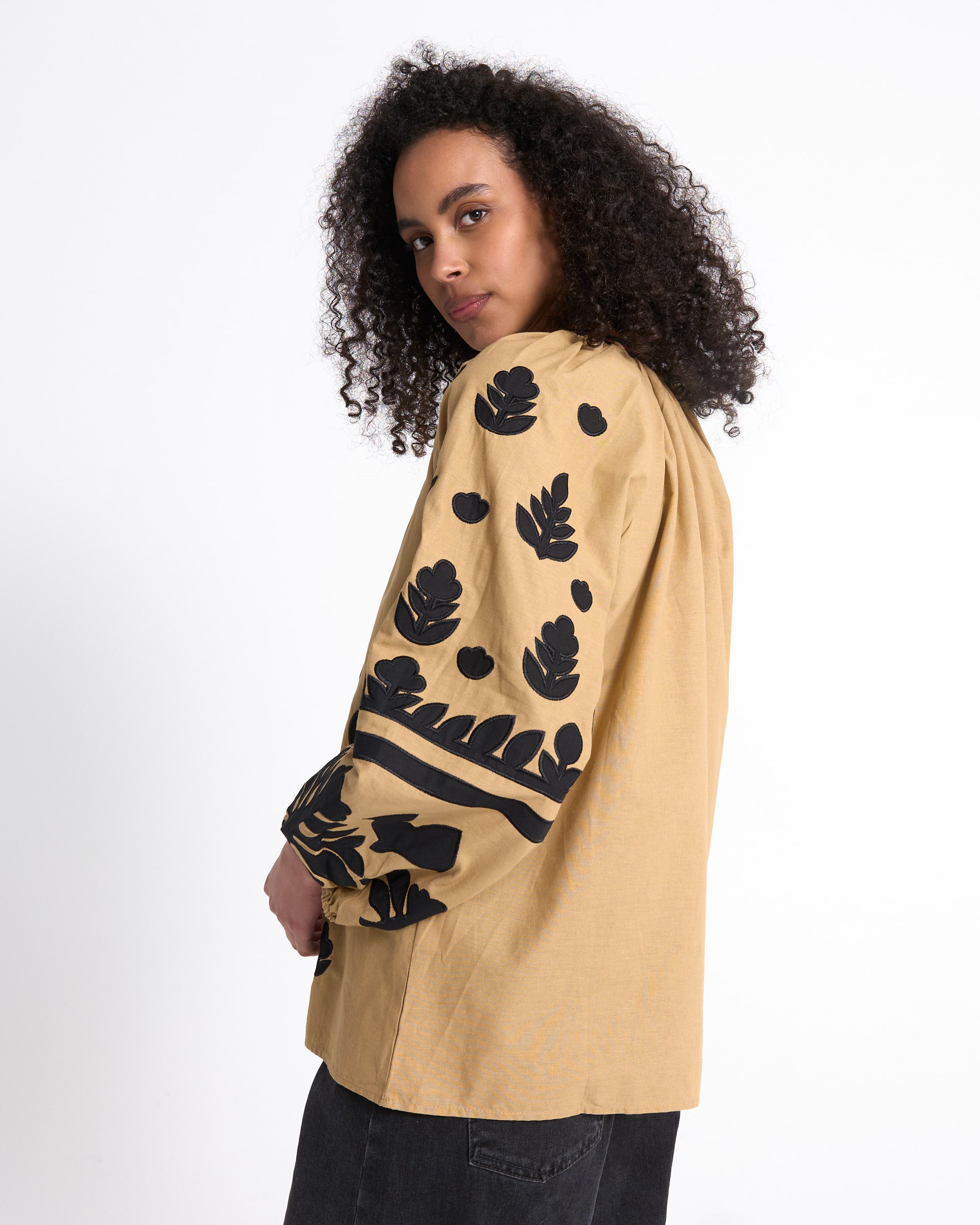 blouse, top, embroidery, tan, long-sleeve
