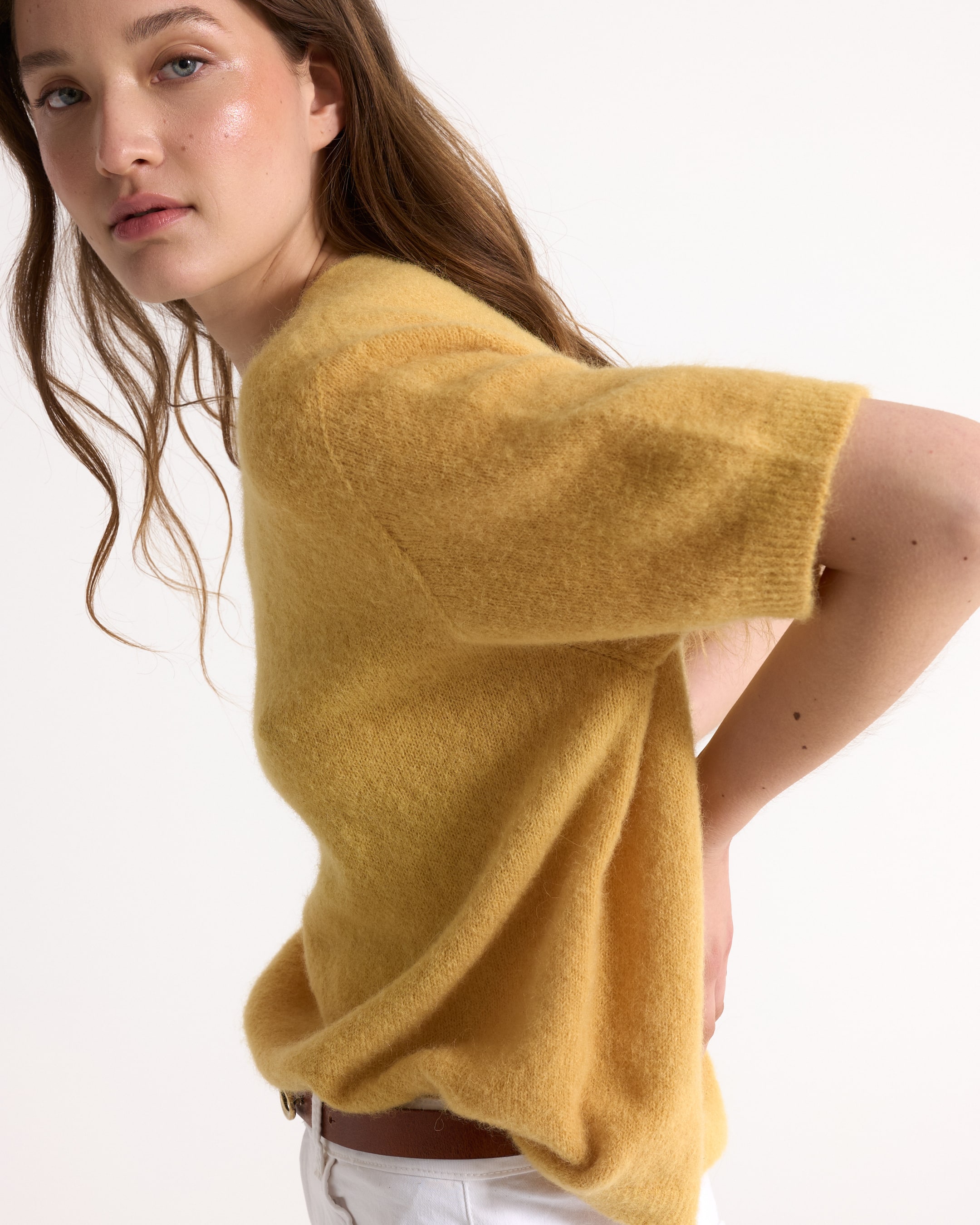 knit sweater, yellow top, short sleeve, soft fabric, pullover