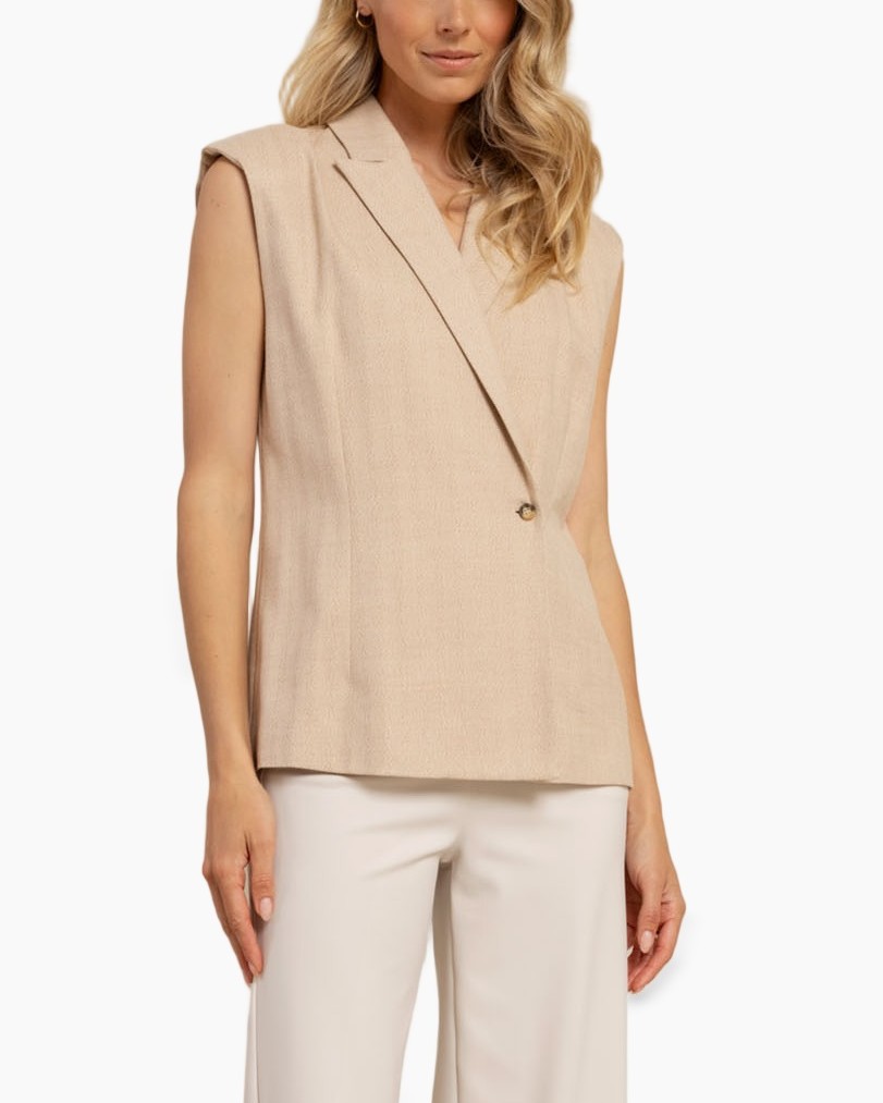 blazer, vest, beige, sleeveless, one-button