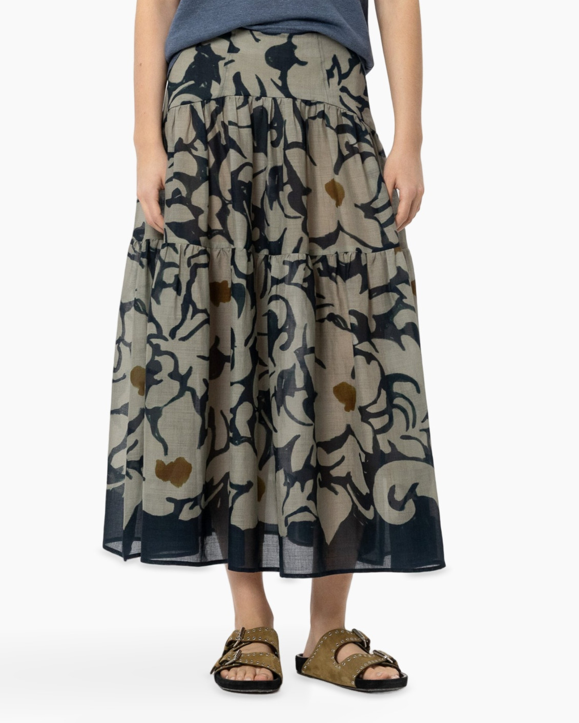 skirt, maxi skirt, camouflage pattern, tiered, linen blend