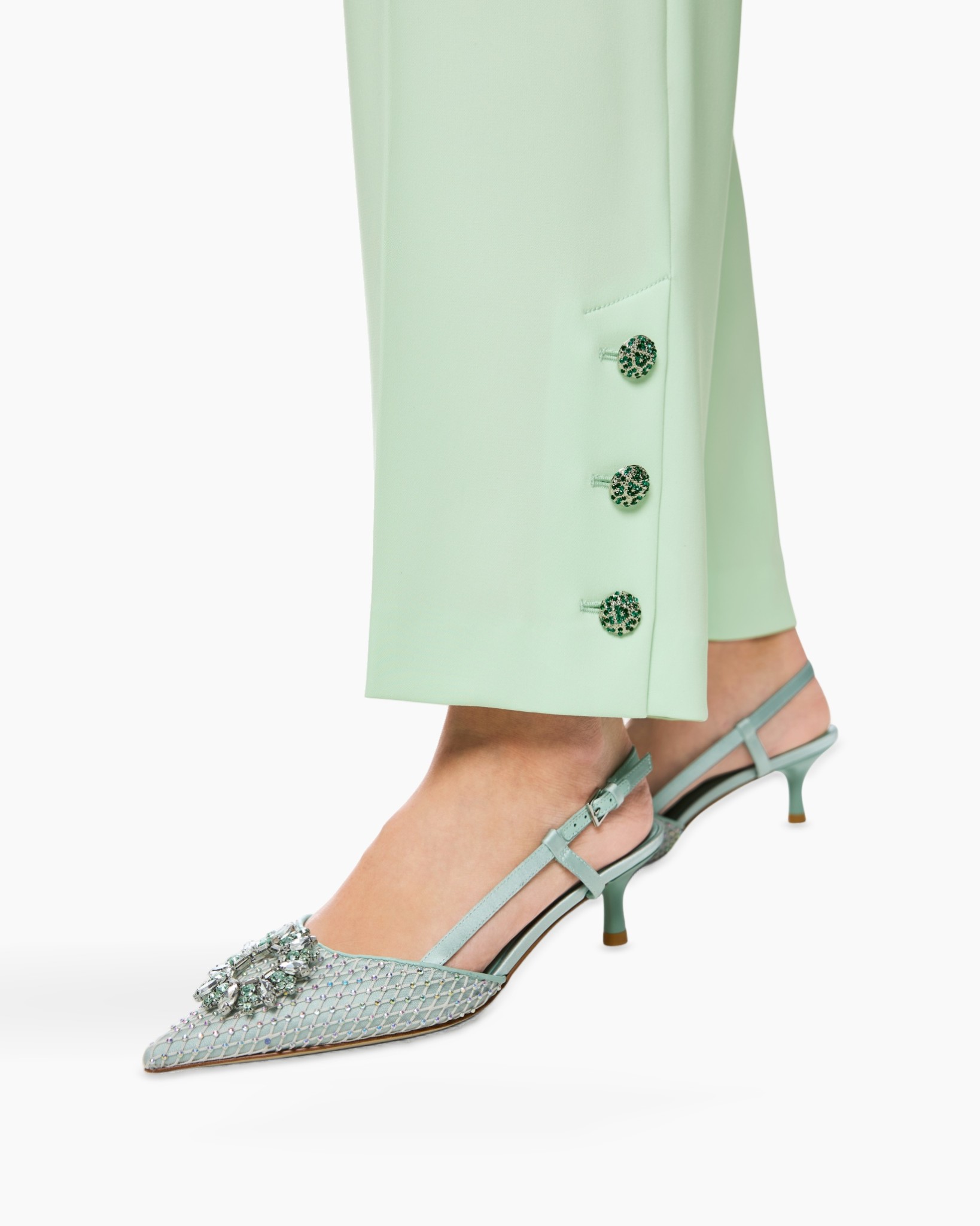mint green, slim heel, pointed toe, mesh embellishment, strap sandal