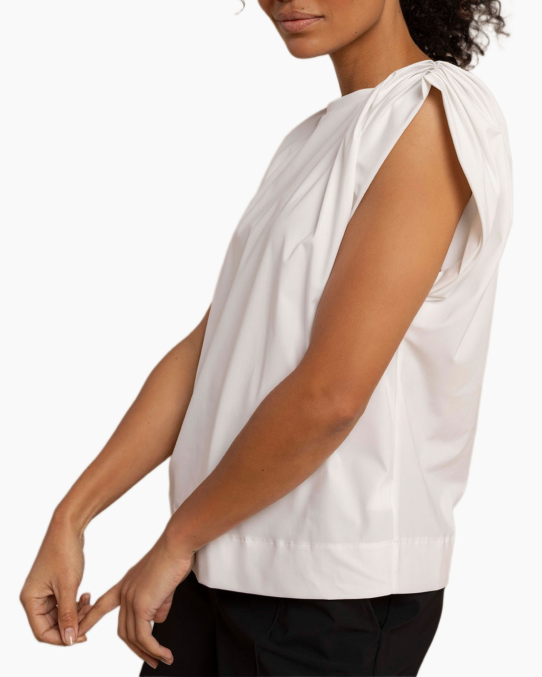 sleeve detail, tie shoulder, white blouse, pleated, sleeveless top