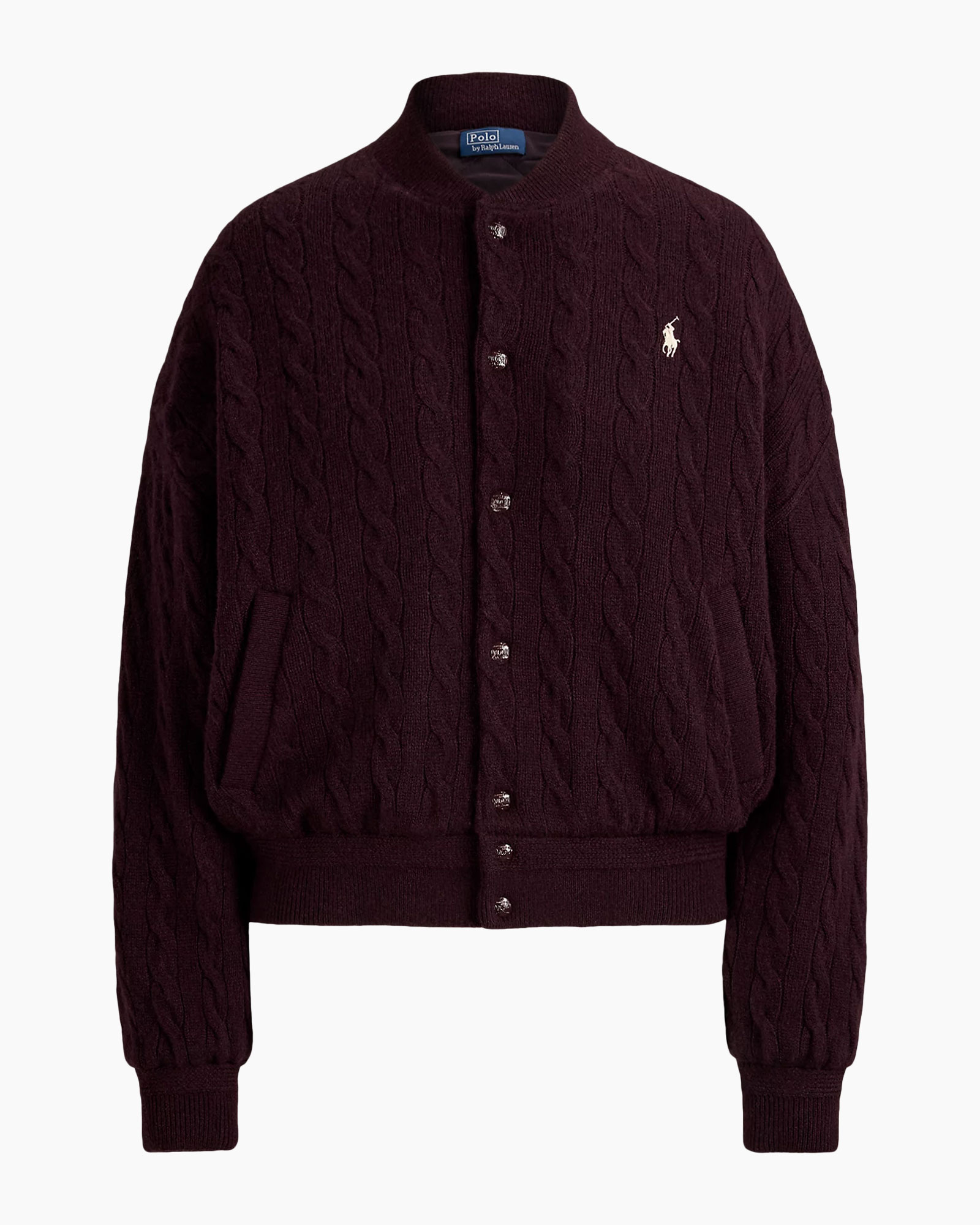 cardigan,  Cable knit, burgundy, button-up, logo